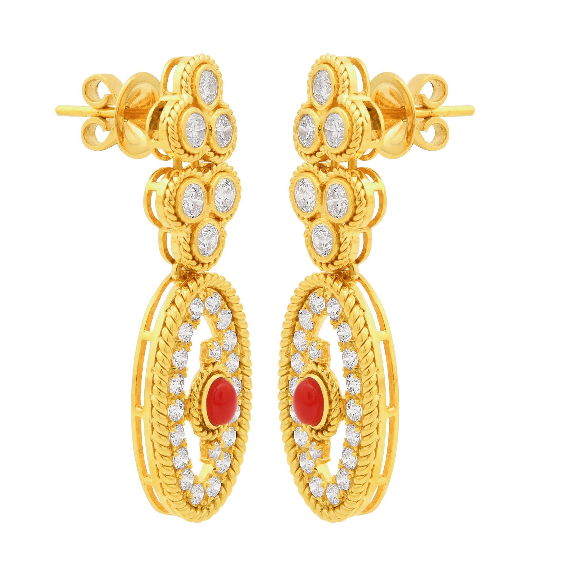 Oval Cut Coral Gemstone Dangle Earrings Diamond 18 Karat Yellow Gold Handmade Jewelry For Sale