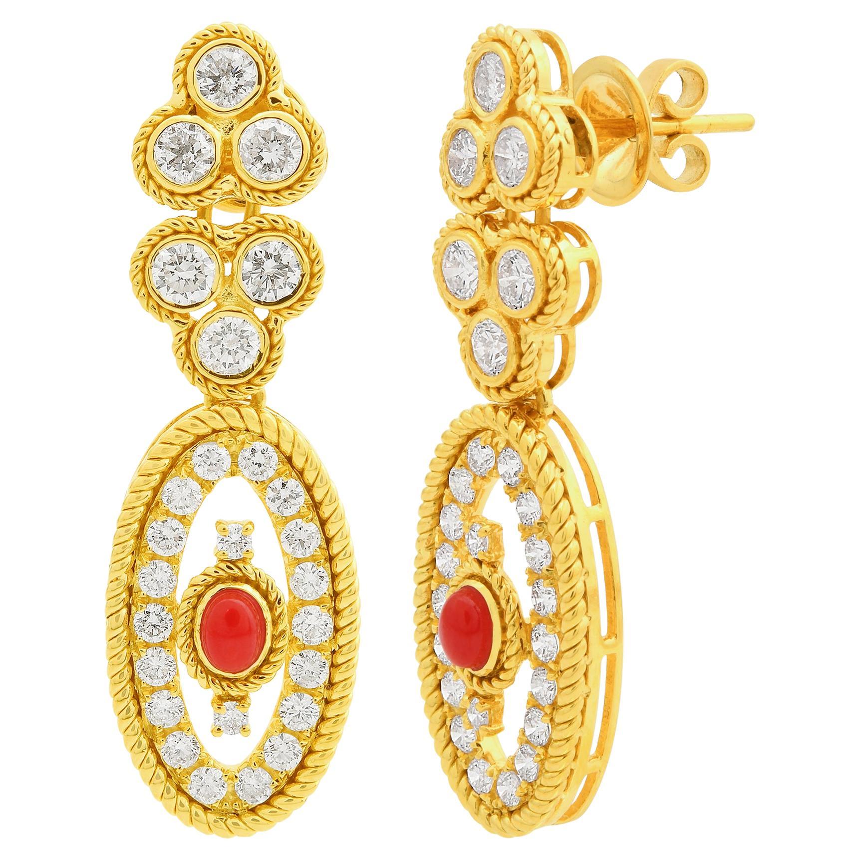 Coral Gemstone Dangle Earrings Diamond 18 Karat Yellow Gold Handmade Jewelry For Sale
