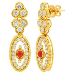 Coral Gemstone Dangle Earrings Diamond 18 Karat Yellow Gold Handmade Jewelry