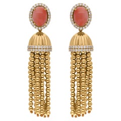 Coral Gemstone Dangle Earrings Diamond 18 Karat Yellow Gold Tassel Fine Jewelry