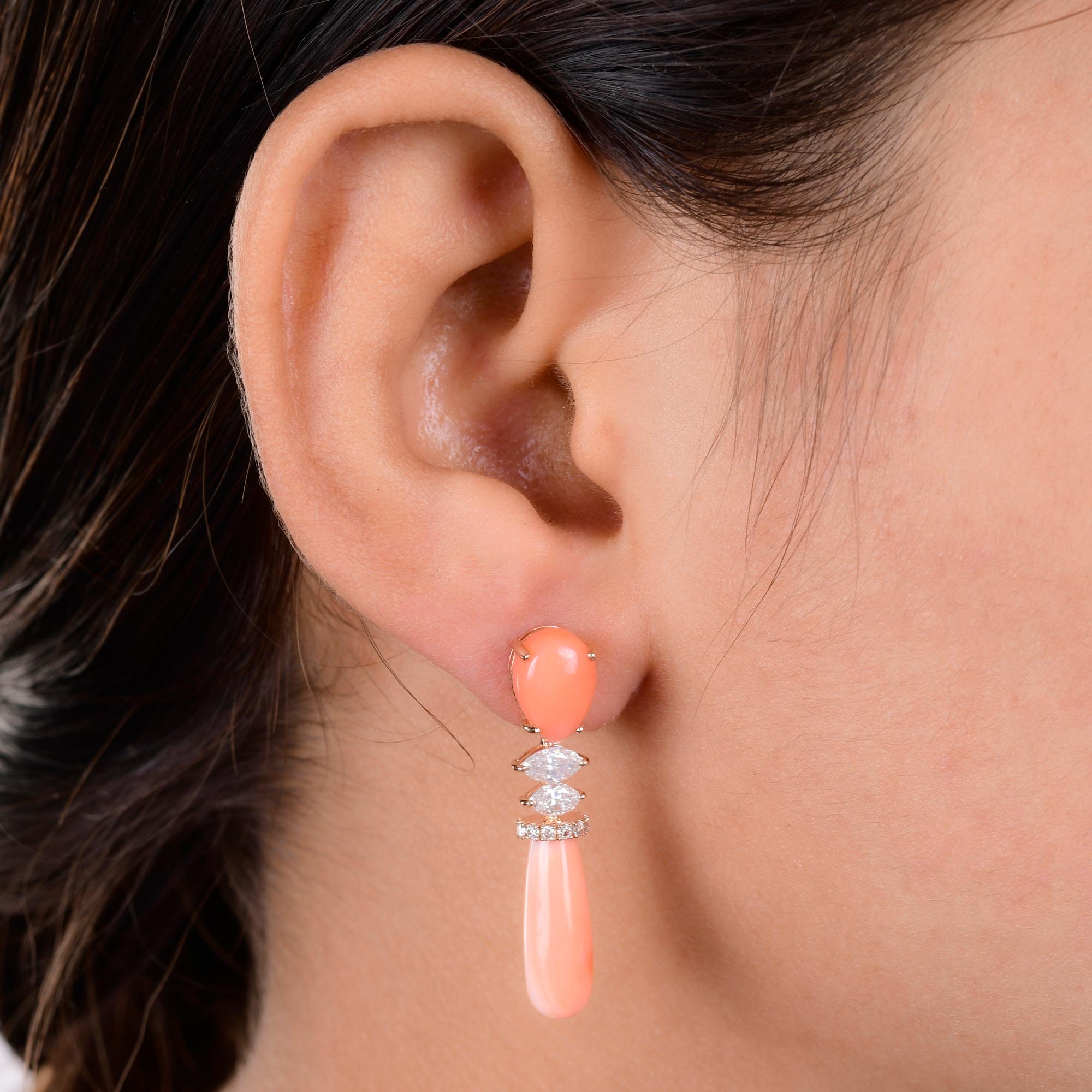 Modern Coral Gemstone Dangle Earrings Marquise Diamond 14 Karat Rose Gold Fine Jewelry For Sale