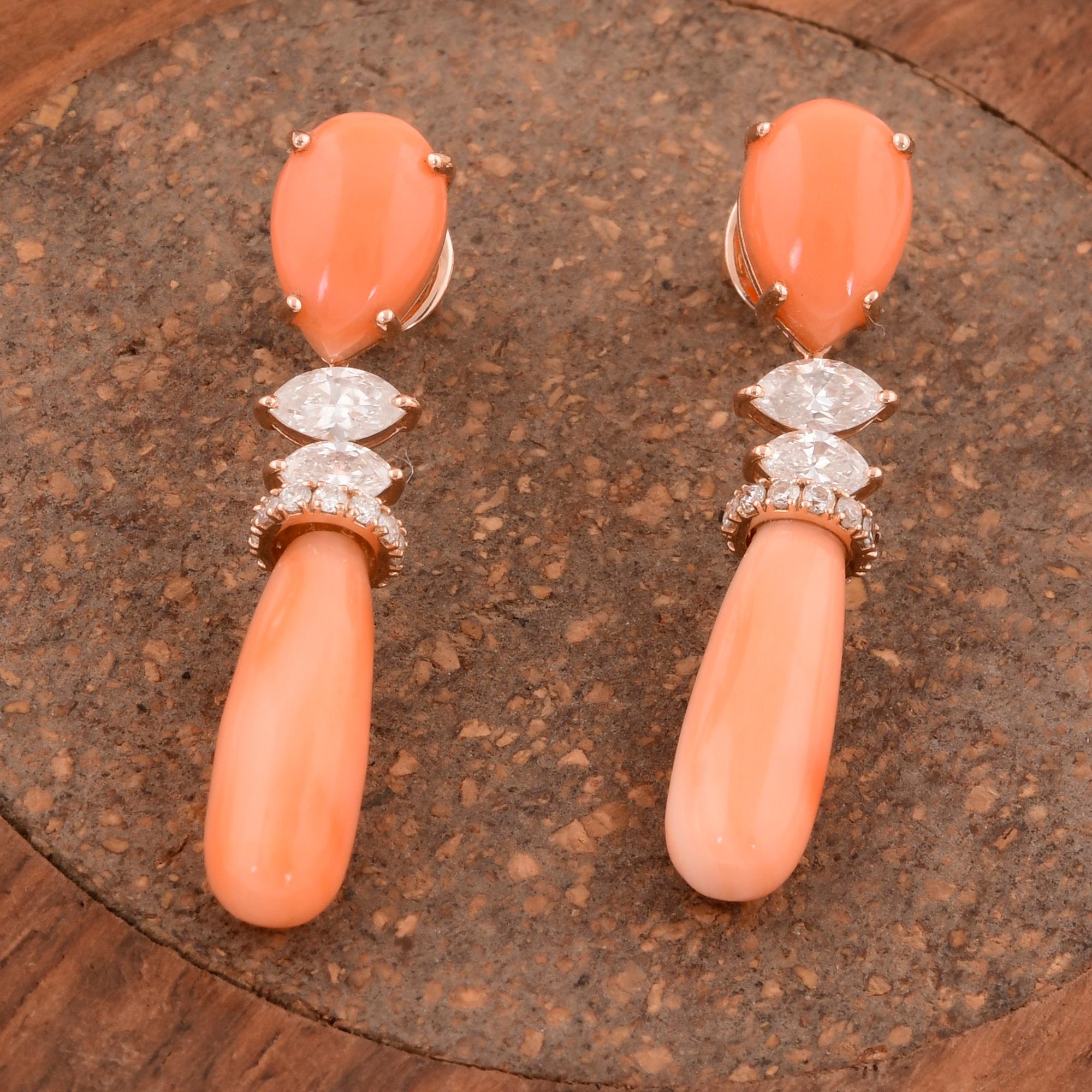 Marquise Cut Coral Gemstone Dangle Earrings Marquise Diamond 14 Karat Rose Gold Fine Jewelry For Sale