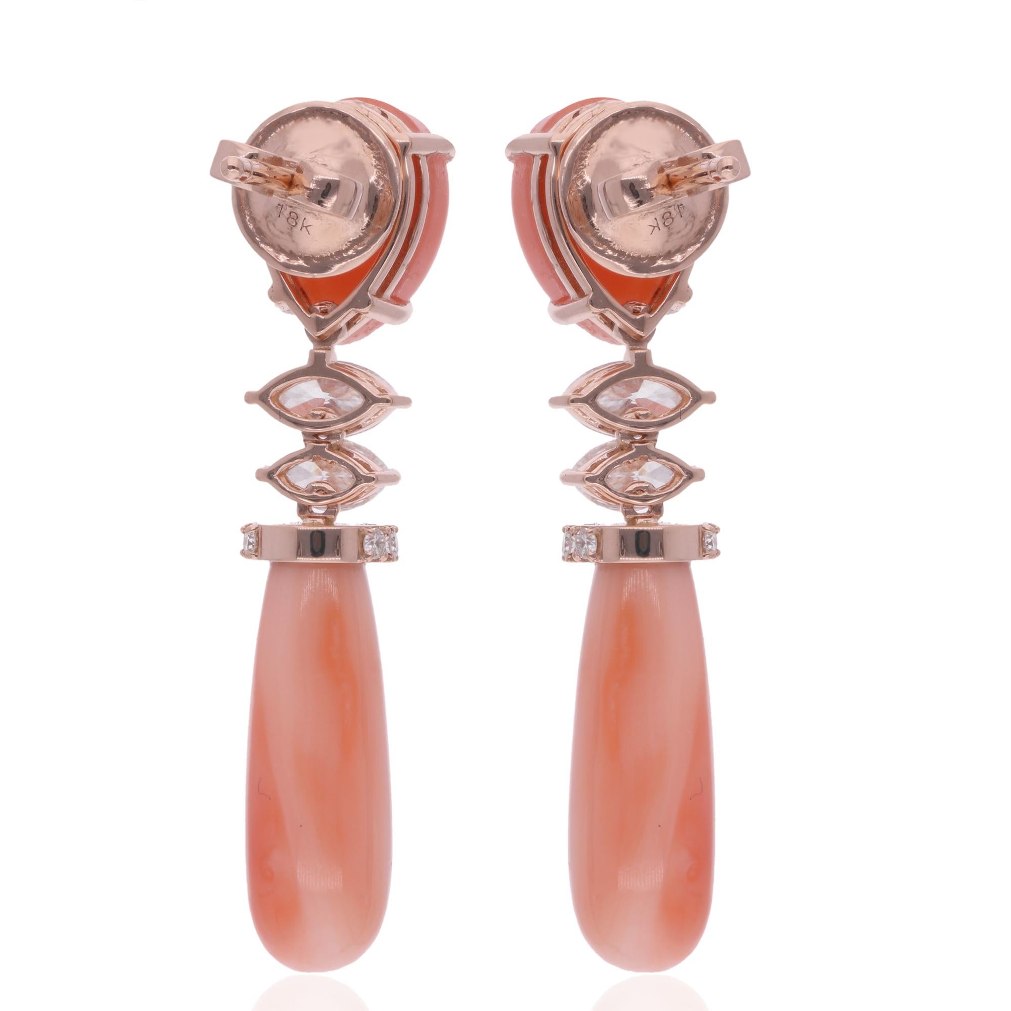 Taglio marquise Coral Gemstone Dangle Earrings Marquise Diamond 14 Karat Rose Gold Fine Jewelry in vendita