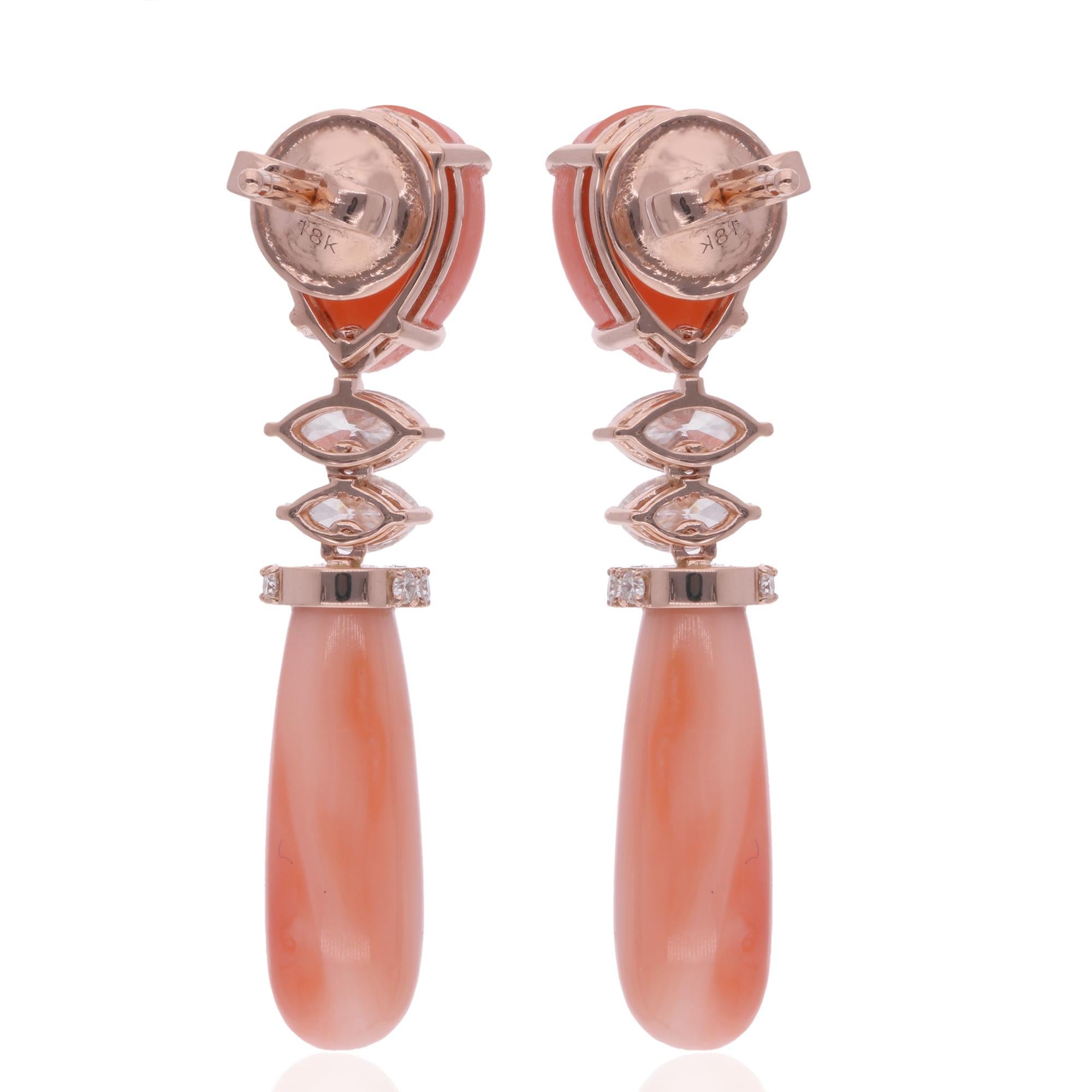 Women's Coral Gemstone Dangle Earrings Marquise Diamond 14 Karat Rose Gold Fine Jewelry For Sale