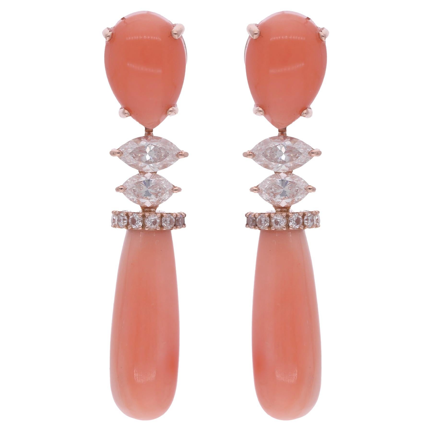 Orecchini pendenti con gemma di corallo Diamante Marquise Oro rosa 14 carati Gioielli di pregio