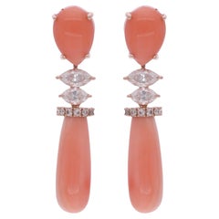 Pendientes Colgantes de Gema de Coral Diamante Marquesa Oro Rosa de 14 Kilates Joyería Fina