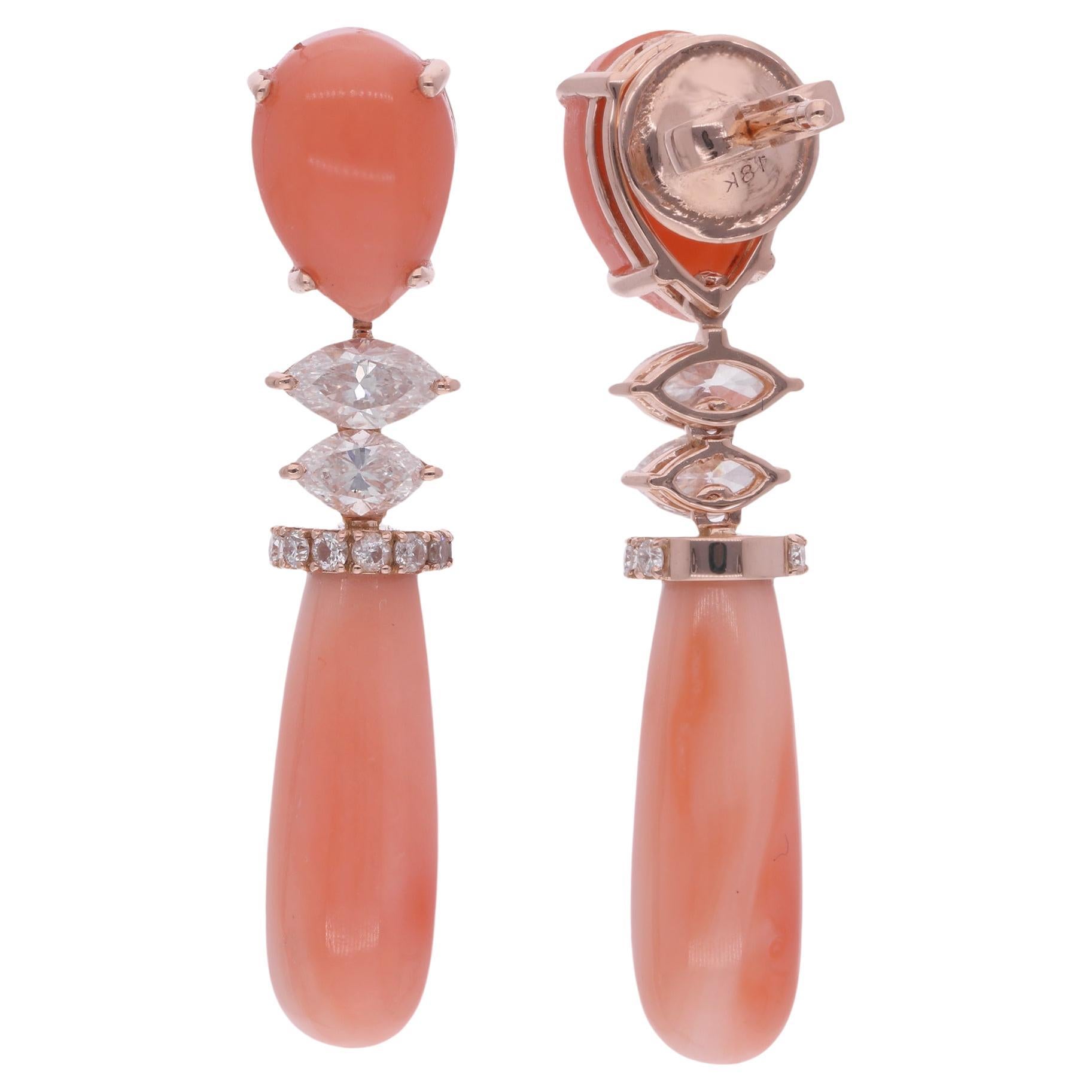Coral Gemstone Dangle Earrings Marquise Diamond 18 Karat Rose Gold Fine Jewelry In condizioni Nuovo in vendita a Diera, Dubai