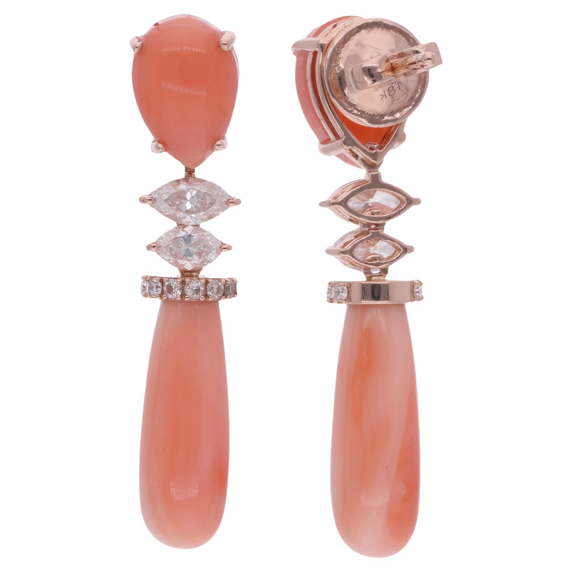 Coral Gemstone Dangle Earrings Marquise Diamond 18 Karat Rose Gold Fine Jewelry For Sale