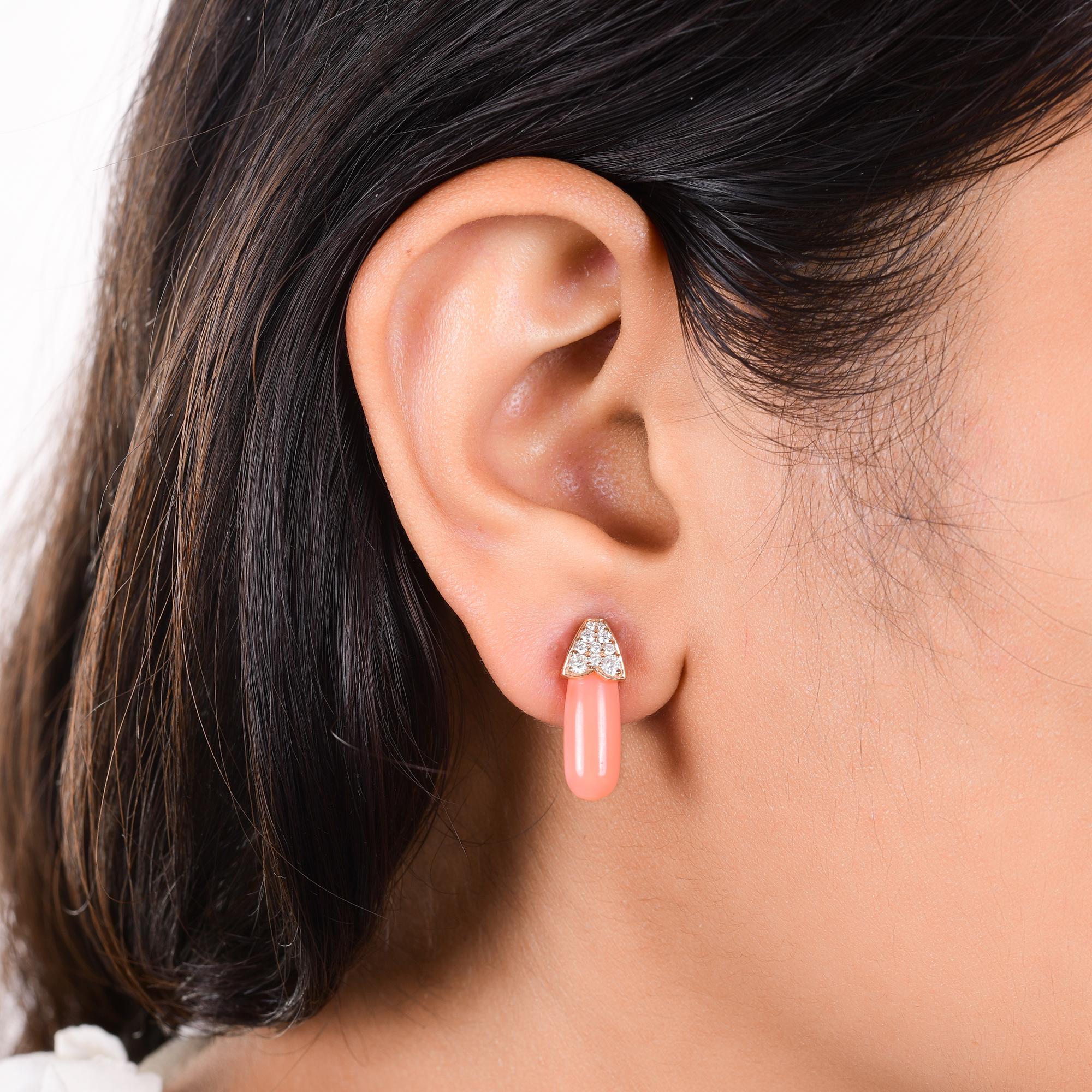 Modern Coral Gemstone Earrings 14 Karat Rose Gold SI Clarity HI Color Diamond Jewelry For Sale
