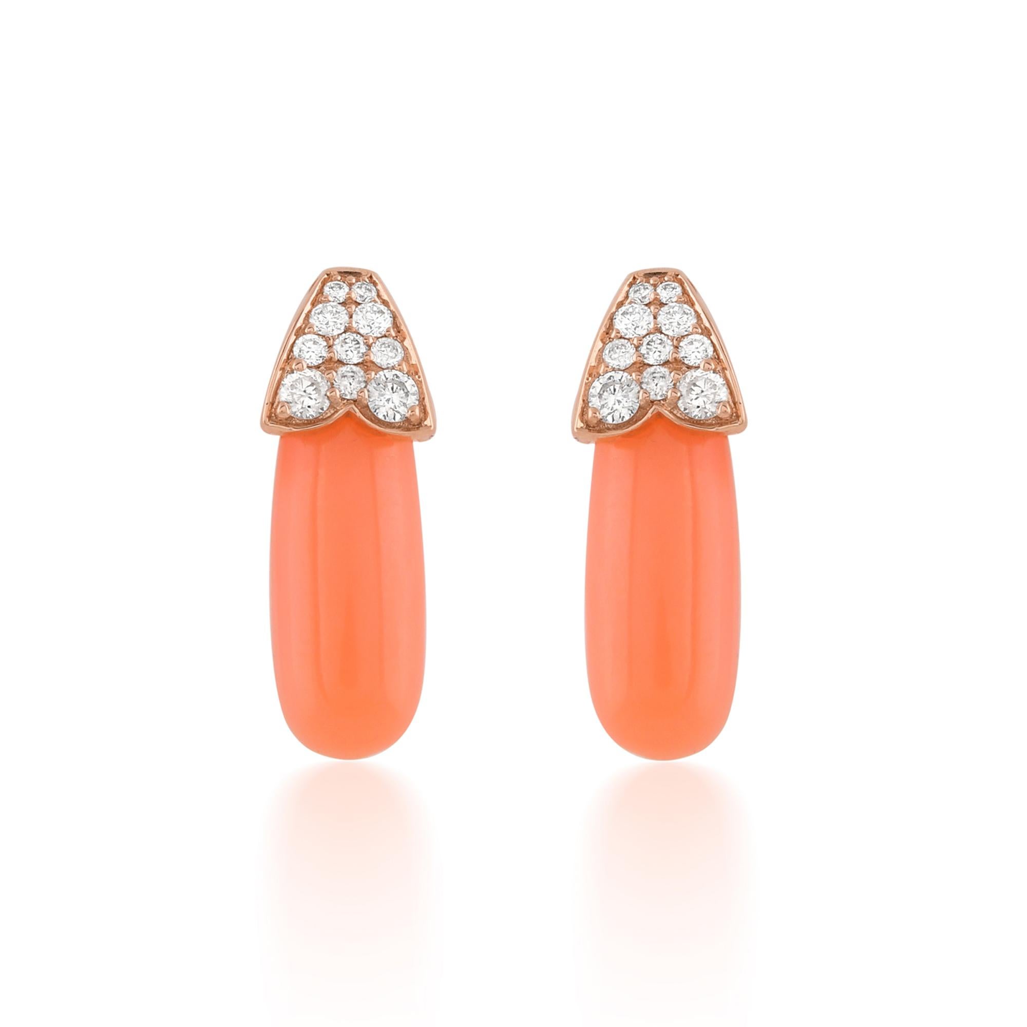 Women's Coral Gemstone Earrings 14 Karat Rose Gold SI Clarity HI Color Diamond Jewelry For Sale