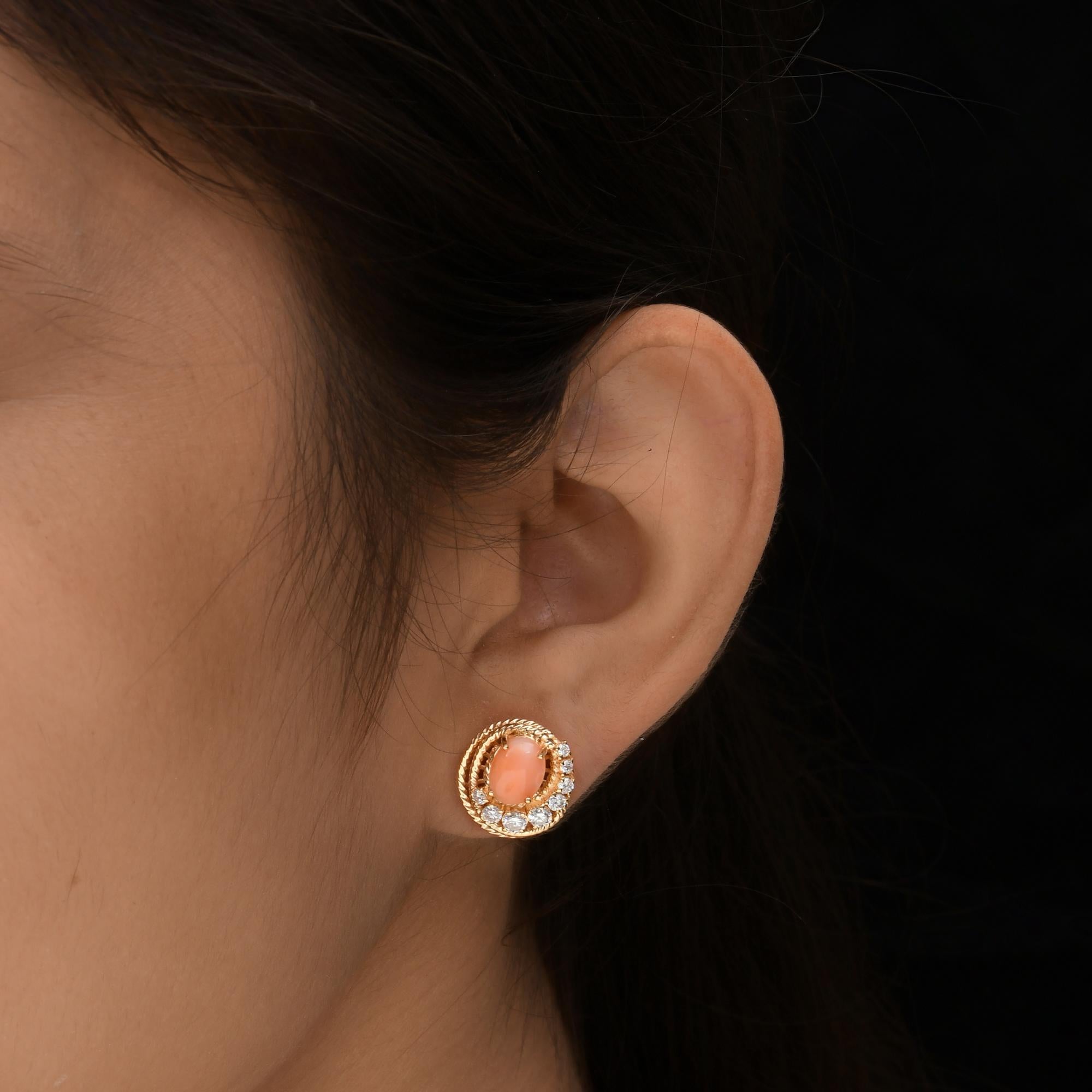 Modern Coral Gemstone Earrings SI/H Round Brilliant Cut Diamond 14 Karat Yellow Gold For Sale