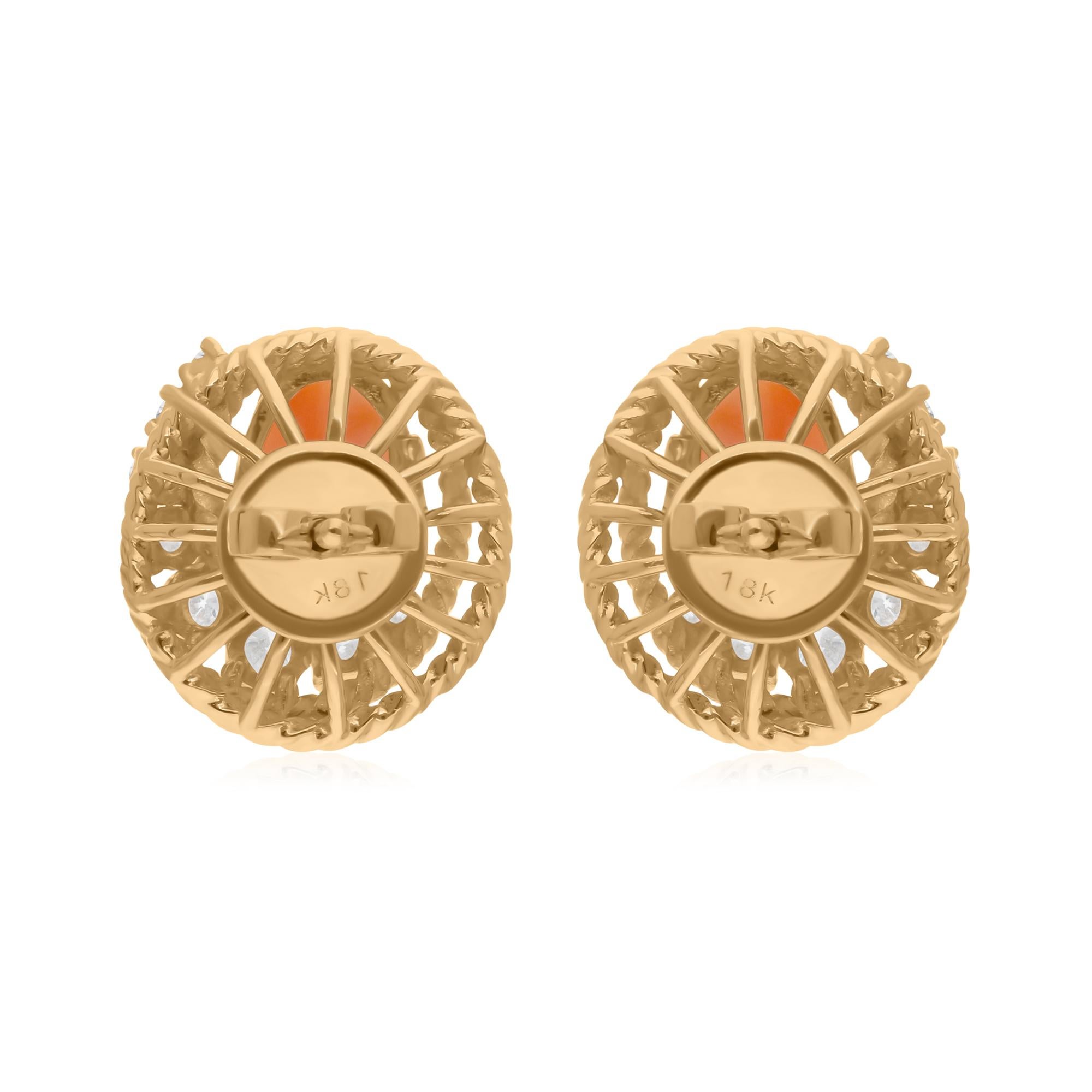 Oval Cut Coral Gemstone Earrings SI/H Round Brilliant Cut Diamond 14 Karat Yellow Gold For Sale