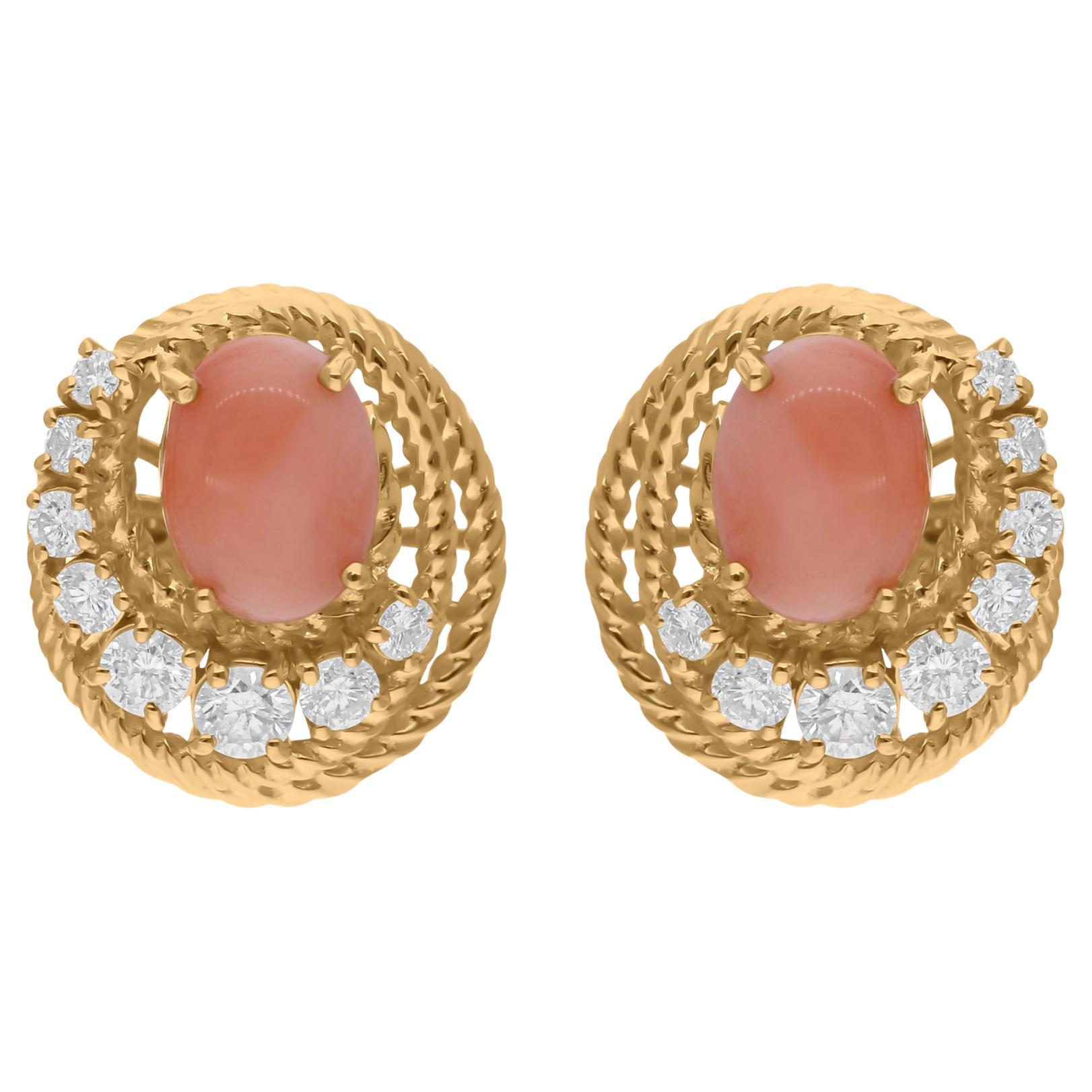 Coral Gemstone Earrings SI/H Round Brilliant Cut Diamond 14 Karat Yellow Gold