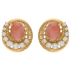 Orecchini con gemma di corallo SI/H Diamante rotondo taglio brillante Oro giallo 14 carati