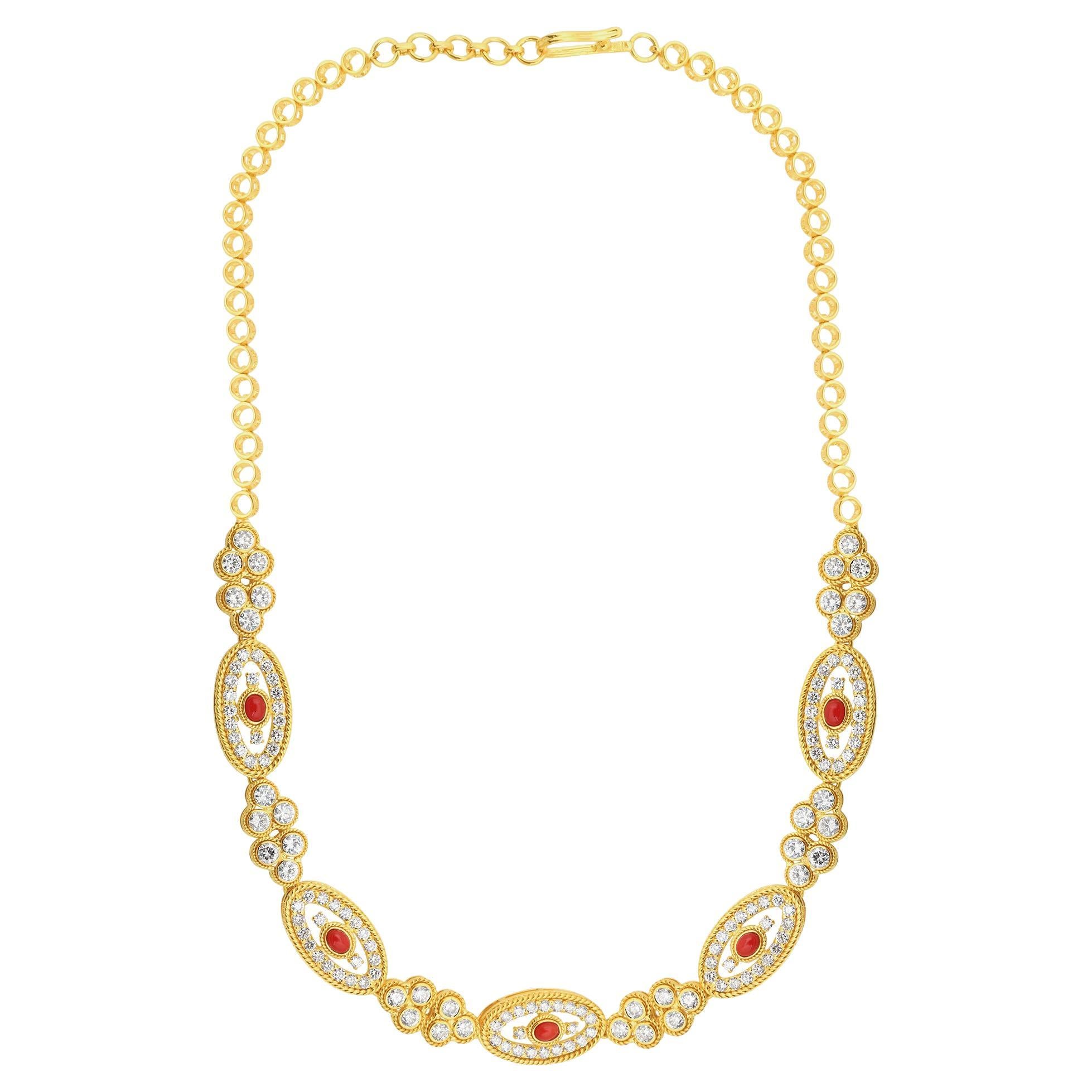 Coral Gemstone Evil Eye Charm Necklace Diamond Solid 18k Yellow Gold Jewelry