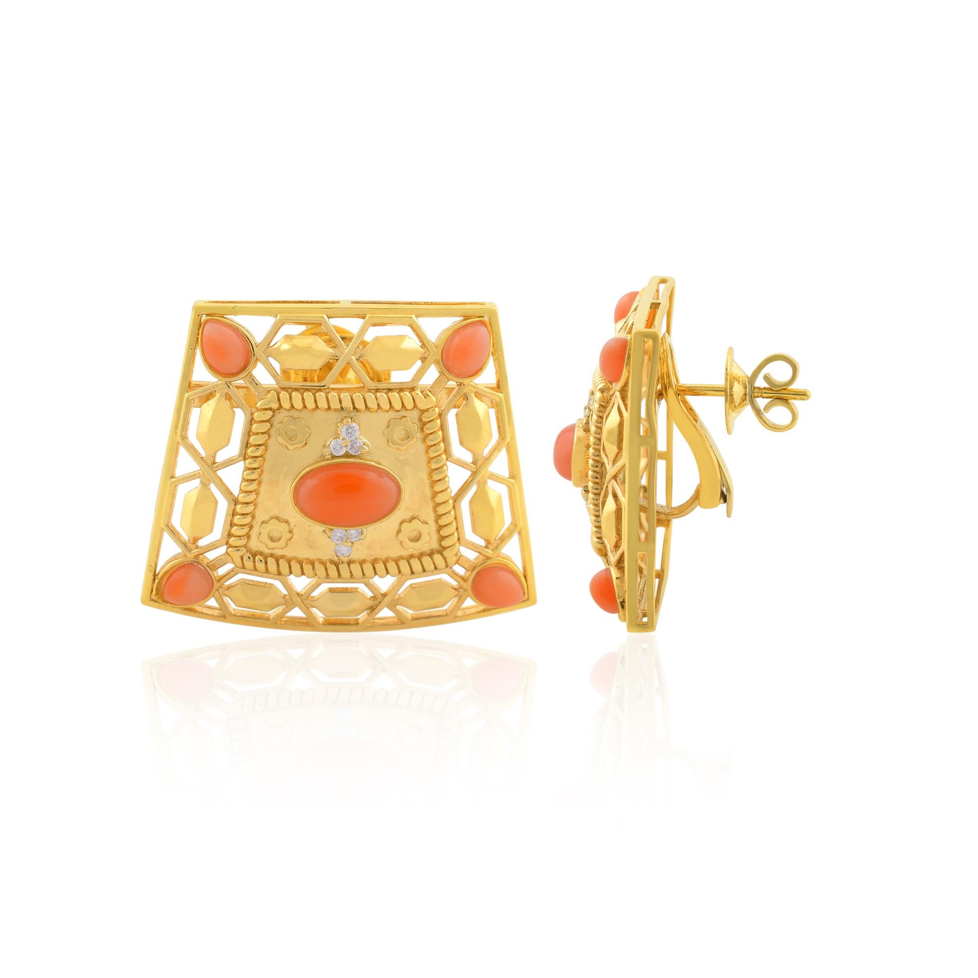 Cast from 14-karat gold, these exquisite earrings are handset with 2.81 carats coral gemstone and 0.10 carats of sparkling diamonds.

FOLLOW SPECTRUM JEWELS storefront to view the latest collection & exclusive pieces. Spectrum Jewels is proudly
