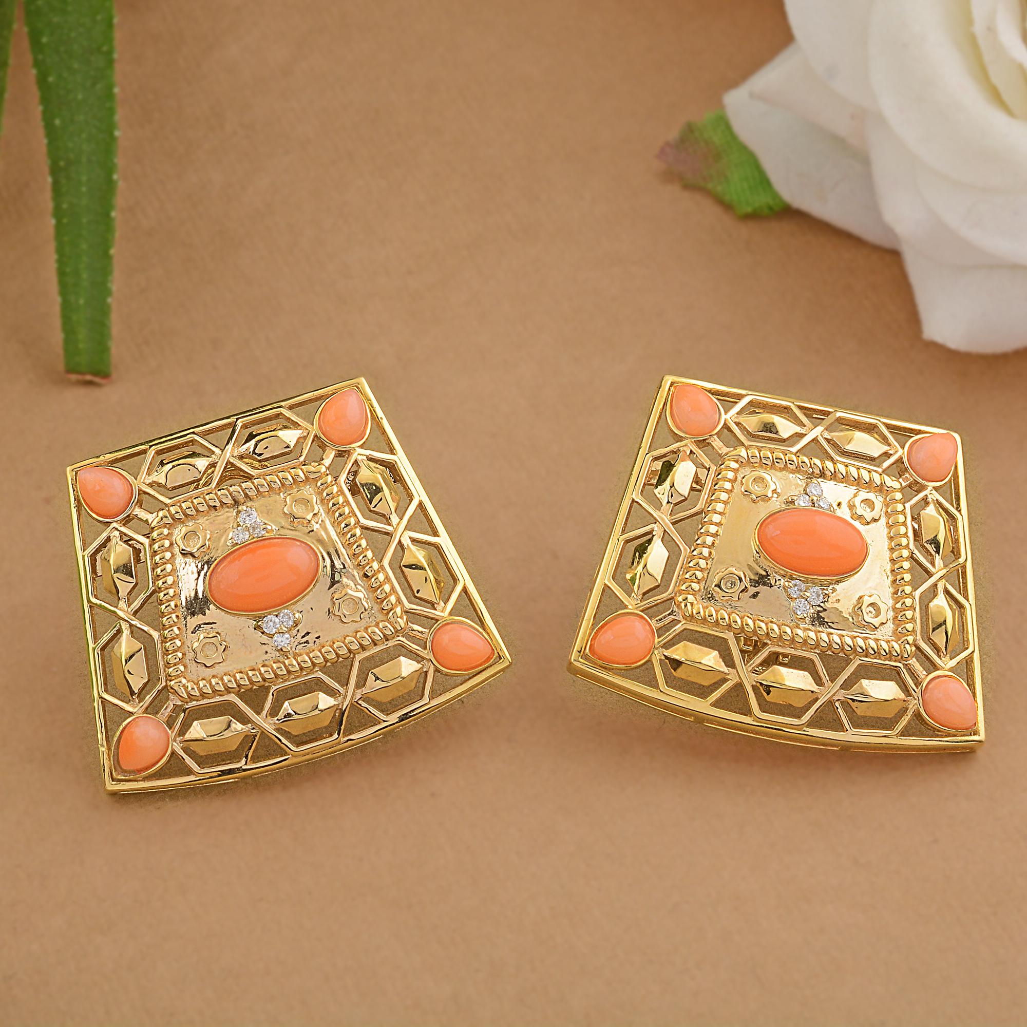 Modern Coral Gemstone Filigree Stud Earrings Solid 14k Yellow Gold Diamond Fine Jewelry For Sale