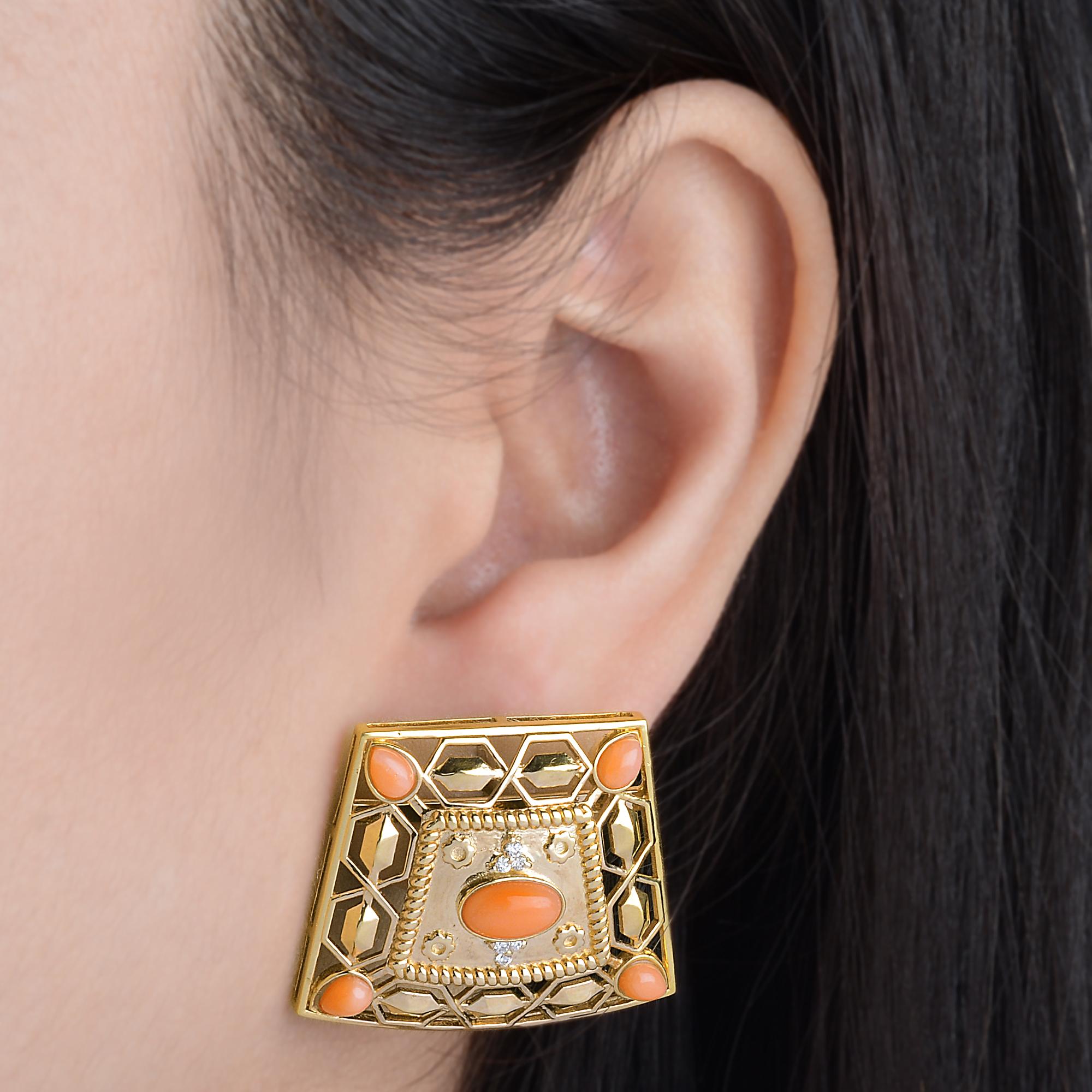 Oval Cut Coral Gemstone Filigree Stud Earrings Solid 14k Yellow Gold Diamond Fine Jewelry For Sale