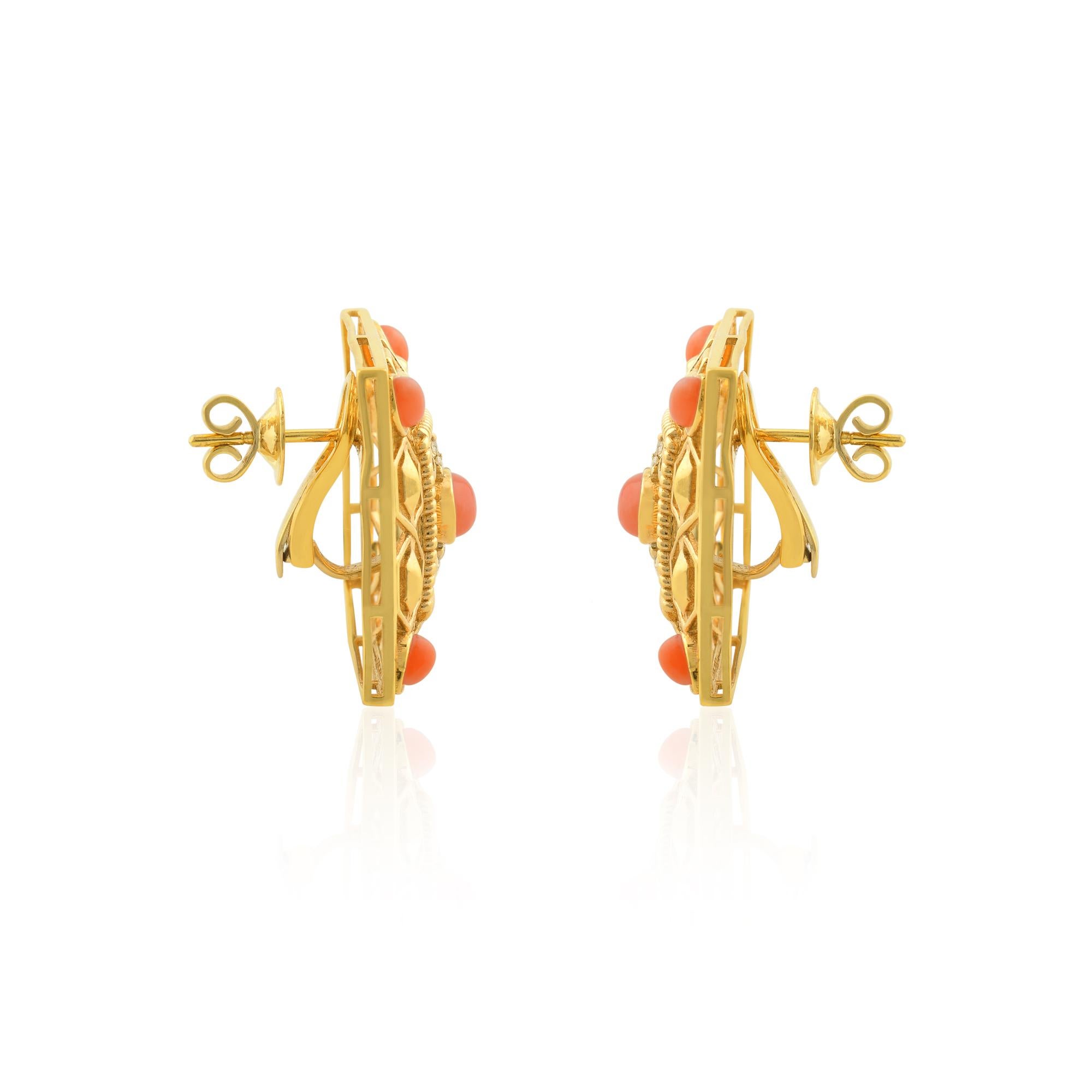 Clous d'oreilles filigranes en or jaune 14 carats avec corail et diamants, bijouterie fine Pour femmes en vente