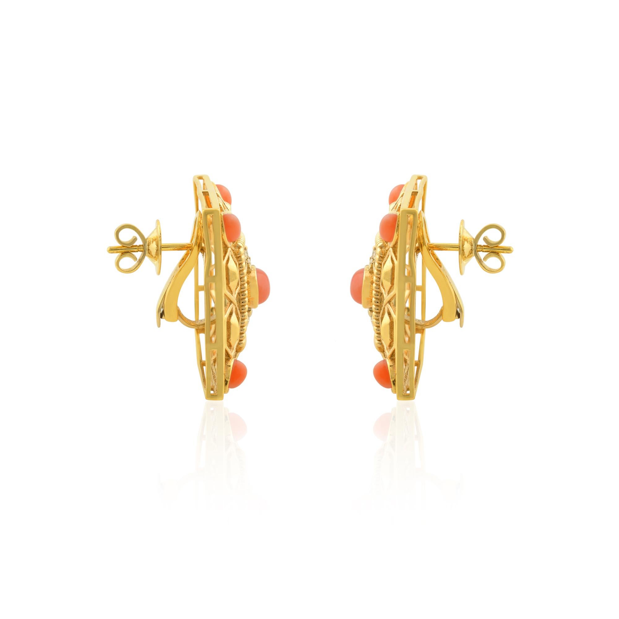 Coral Gemstone Filigree Stud Earrings Solid 14k Yellow Gold Diamond Fine Jewelry In New Condition For Sale In Diera, Dubai