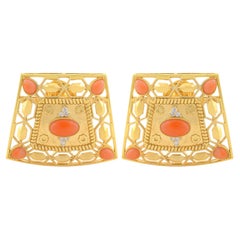 Coral Gemstone Filigree Stud Earrings Solid 14k Yellow Gold Diamond Fine Jewelry
