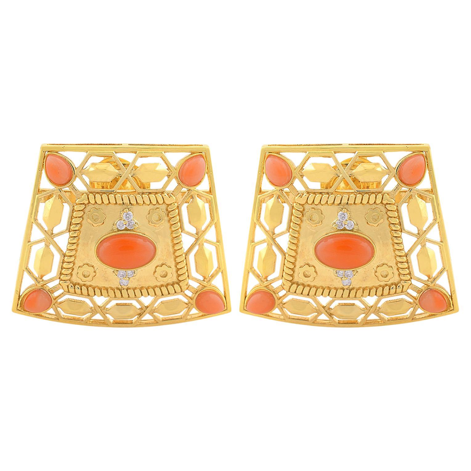 Coral Gemstone Filigree Stud Earrings Solid 14k Yellow Gold Diamond Fine Jewelry For Sale