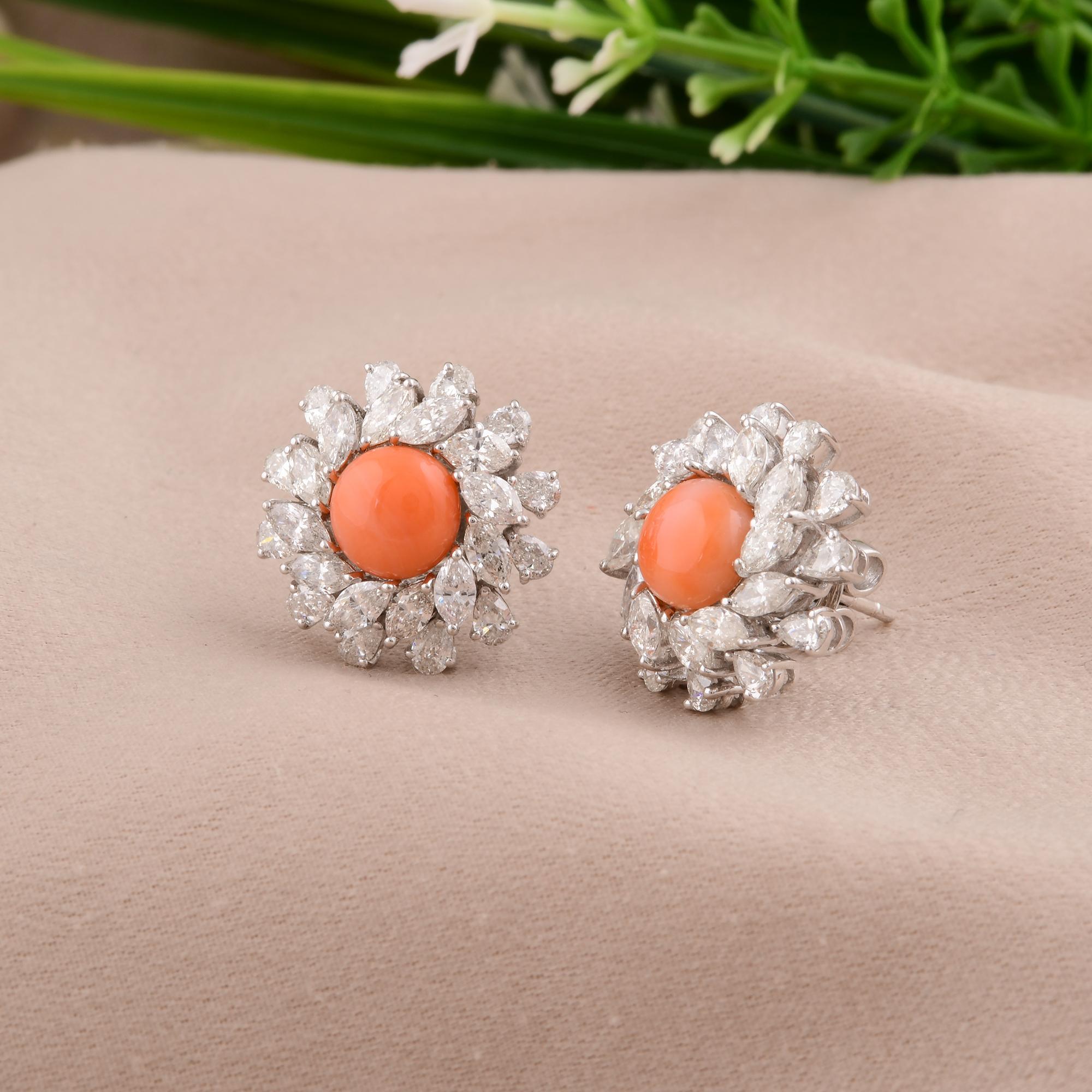Modern Coral Gemstone Flower Stud Earrings Diamond 14 Karat White Gold Handmade Jewelry For Sale