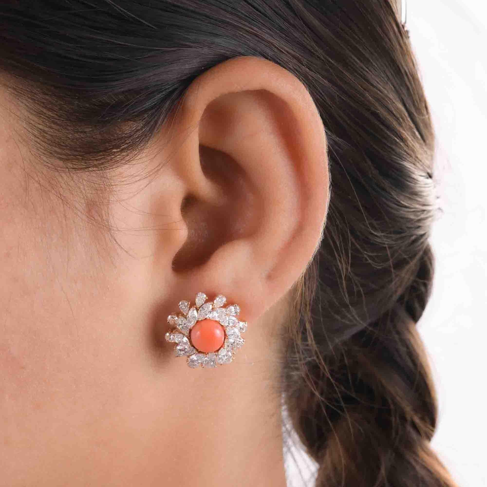 Round Cut Coral Gemstone Flower Stud Earrings Diamond 14 Karat White Gold Handmade Jewelry For Sale