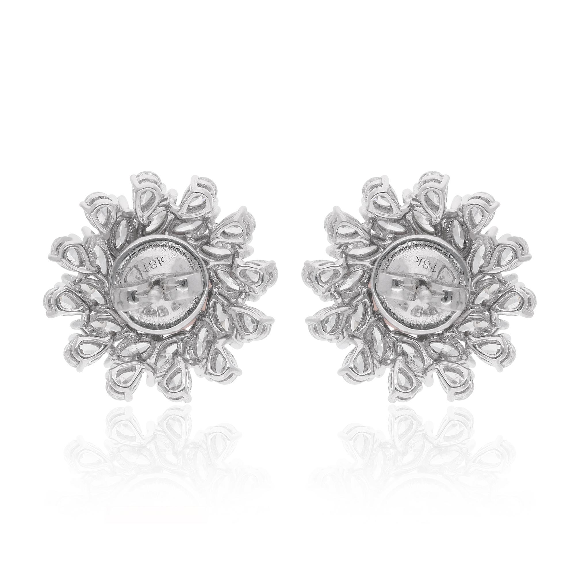 Women's Coral Gemstone Flower Stud Earrings Diamond 14 Karat White Gold Handmade Jewelry For Sale