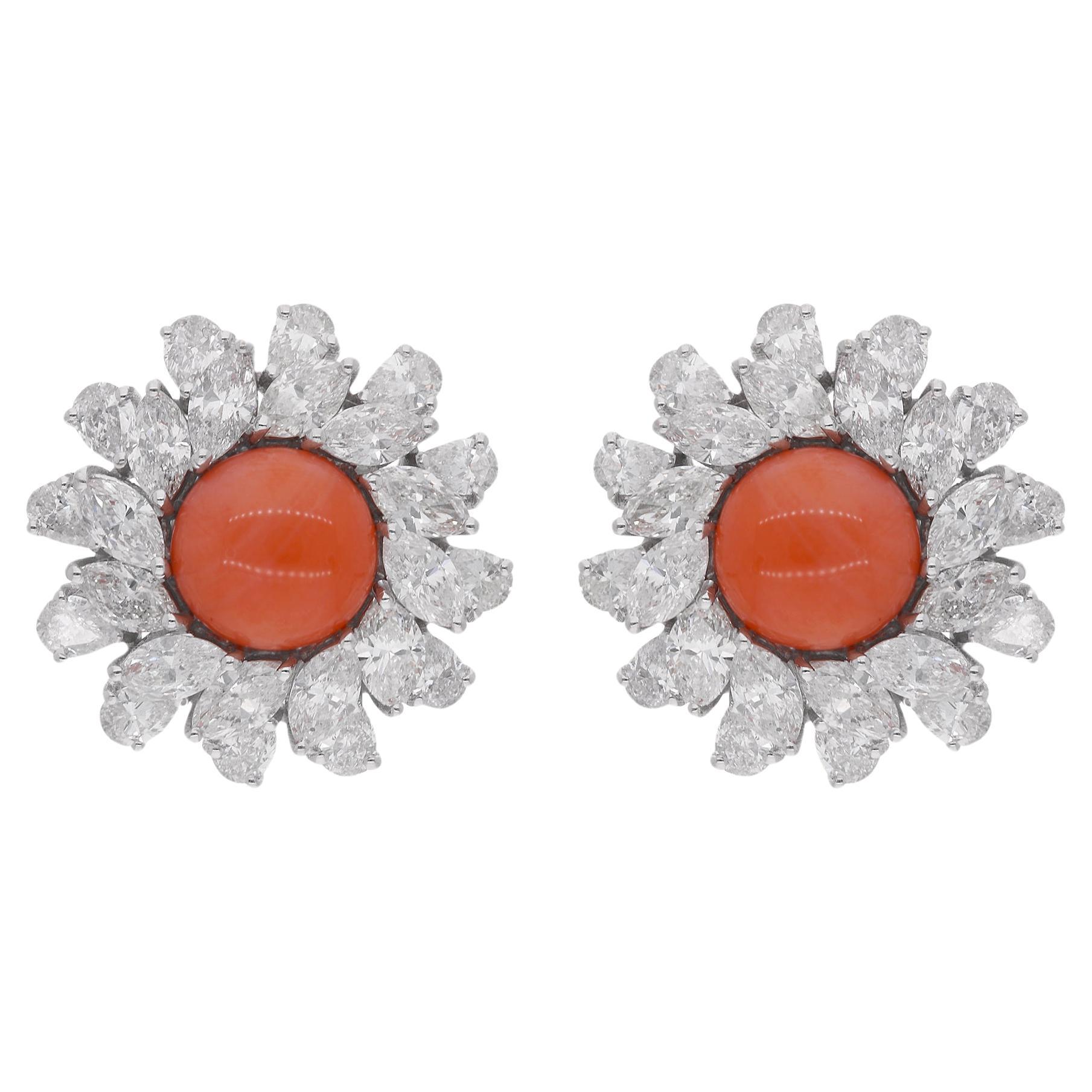 Coral Gemstone Flower Stud Earrings Diamond 18 Karat White Gold Handmade Jewelry