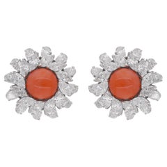 Coral Gemstone Flower Stud Earrings Diamond 18 Karat White Gold Handmade Jewelry