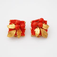 Coral Glass Bead & Gilded Leaf Cluster Earrings By Eugene Schultz, 1950s