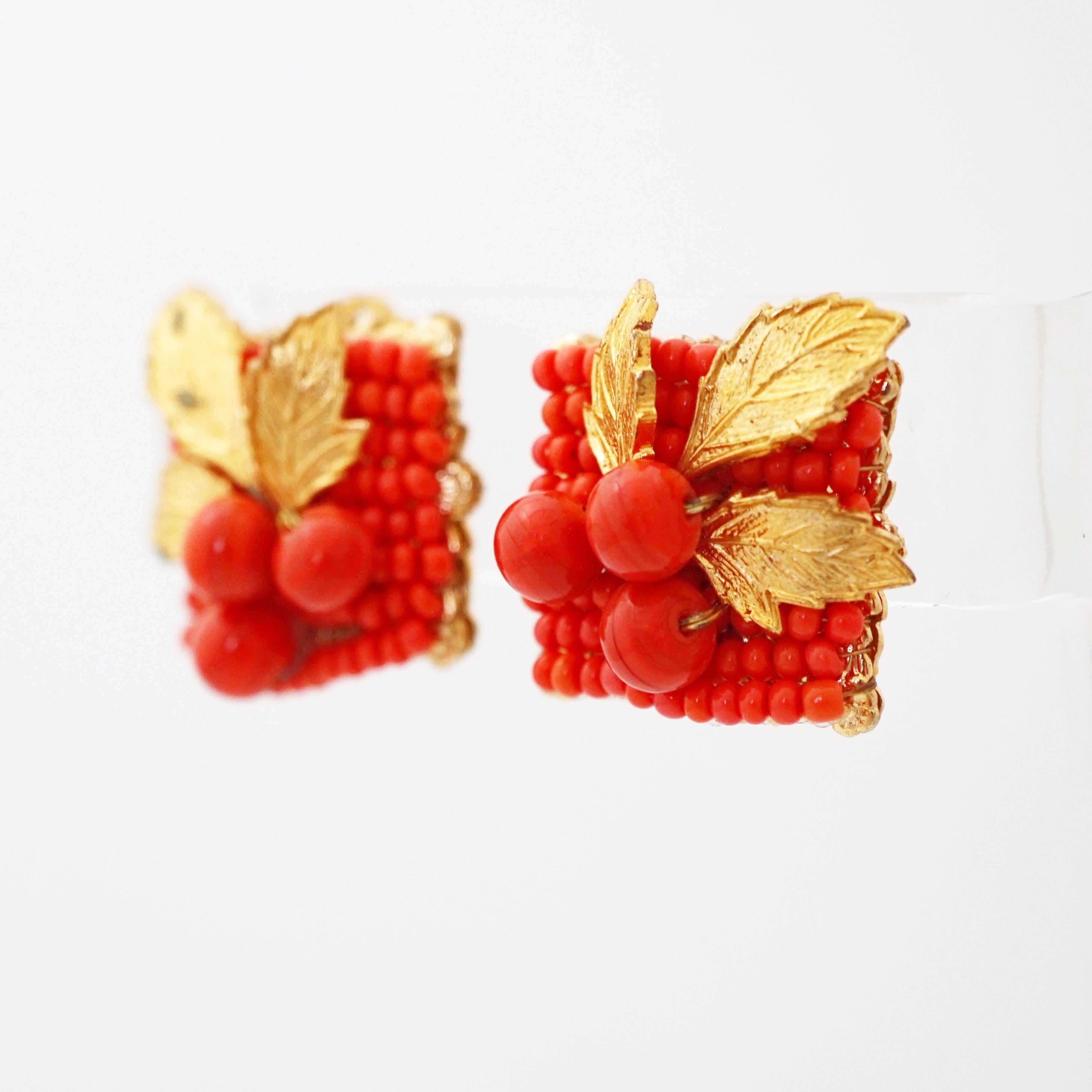 Modern Coral Glass Bead & Gilded Leaf Cluster Earrings By Eugene Schultz, 1950s For Sale