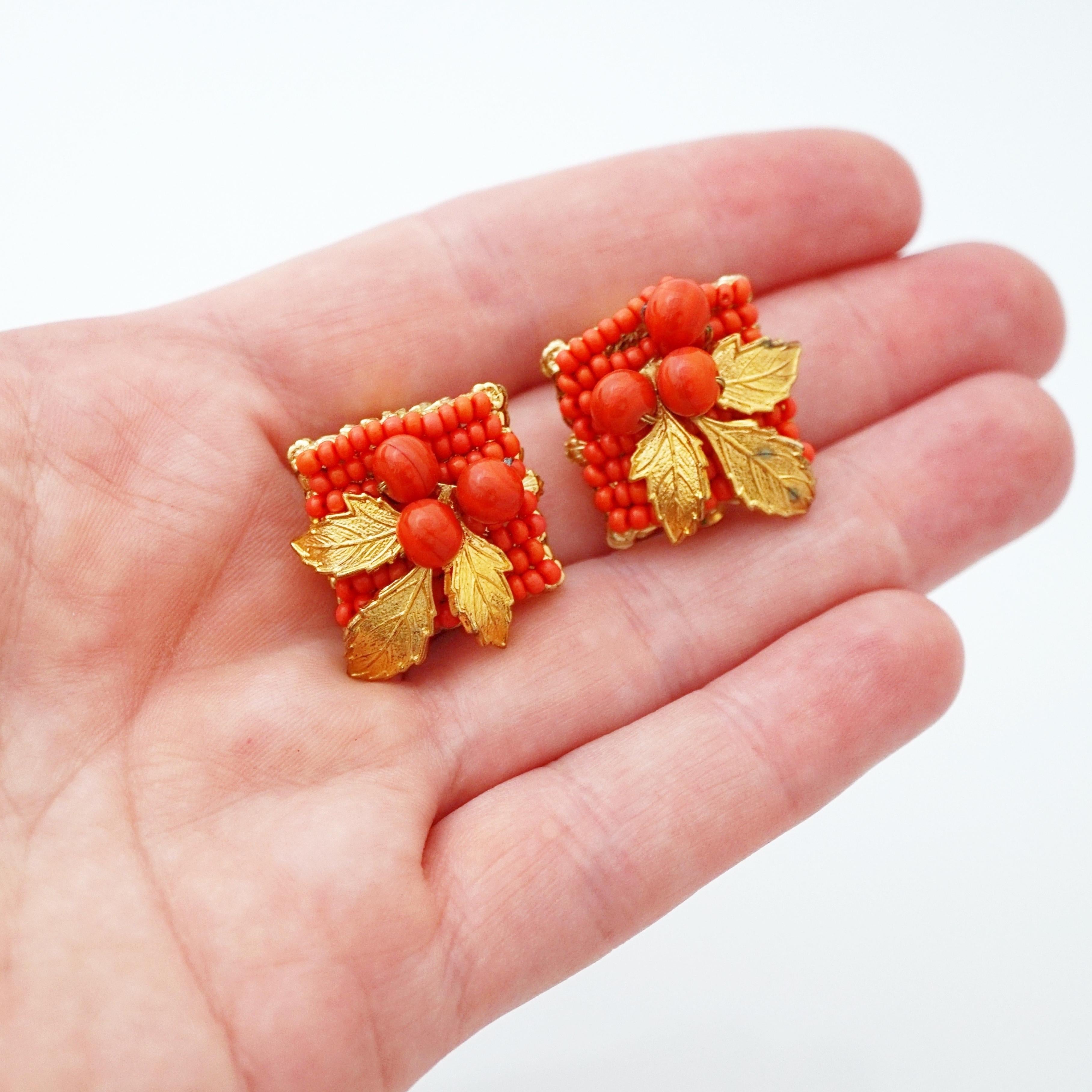 Coral Glass Bead & Gilded Leaf Cluster Earrings By Eugene Schultz, 1950s For Sale 1