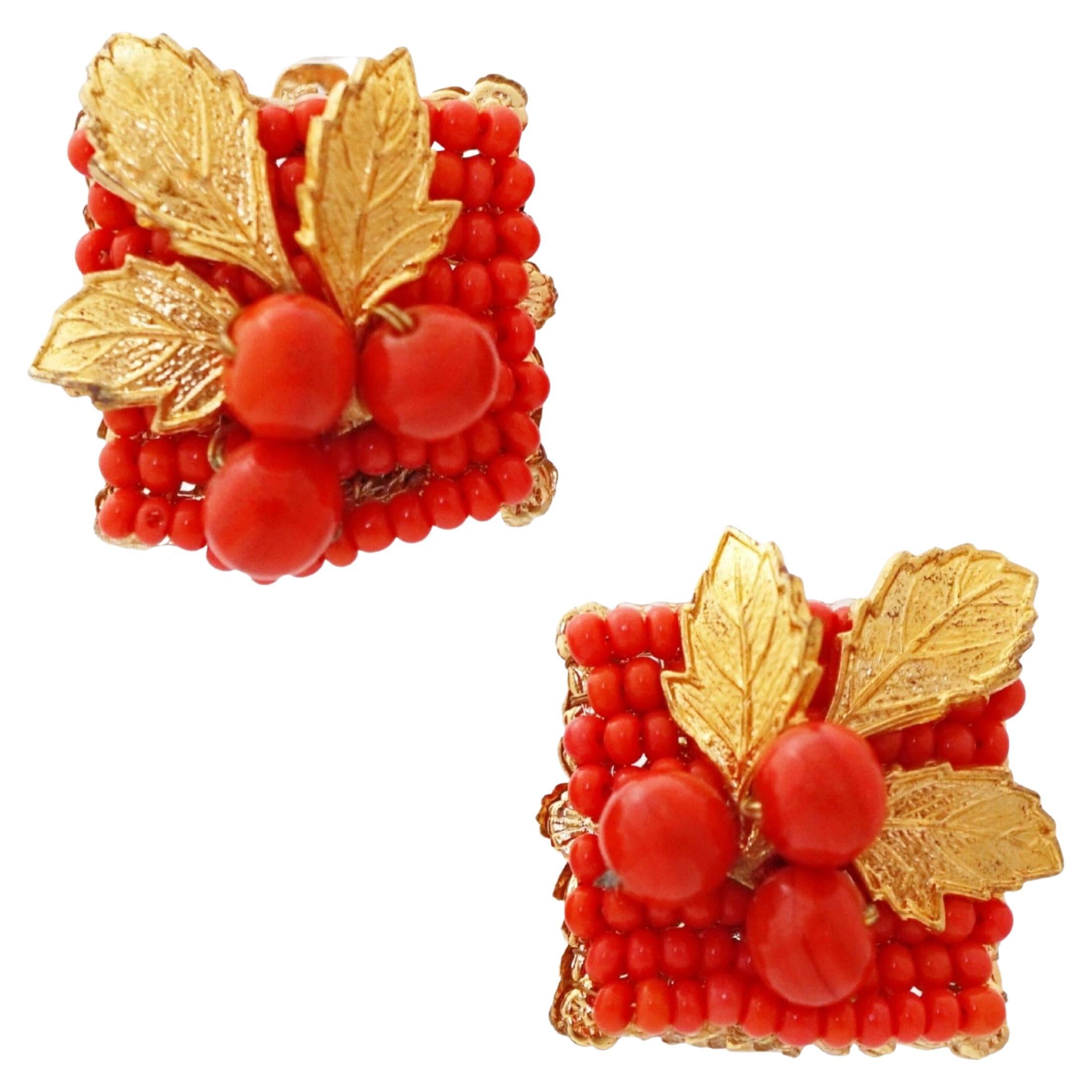 Coral Glass Bead & Gilded Leaf Cluster Earrings By Eugene Schultz, 1950s For Sale