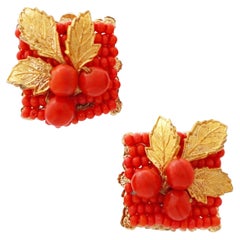 Vintage Coral Glass Bead & Gilded Leaf Cluster Earrings By Eugene Schultz, 1950s