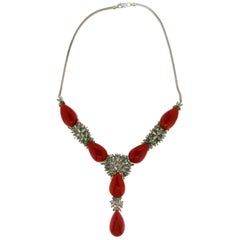 Coral Gold 18 karat Diamonds Emeralds Drop Necklace
