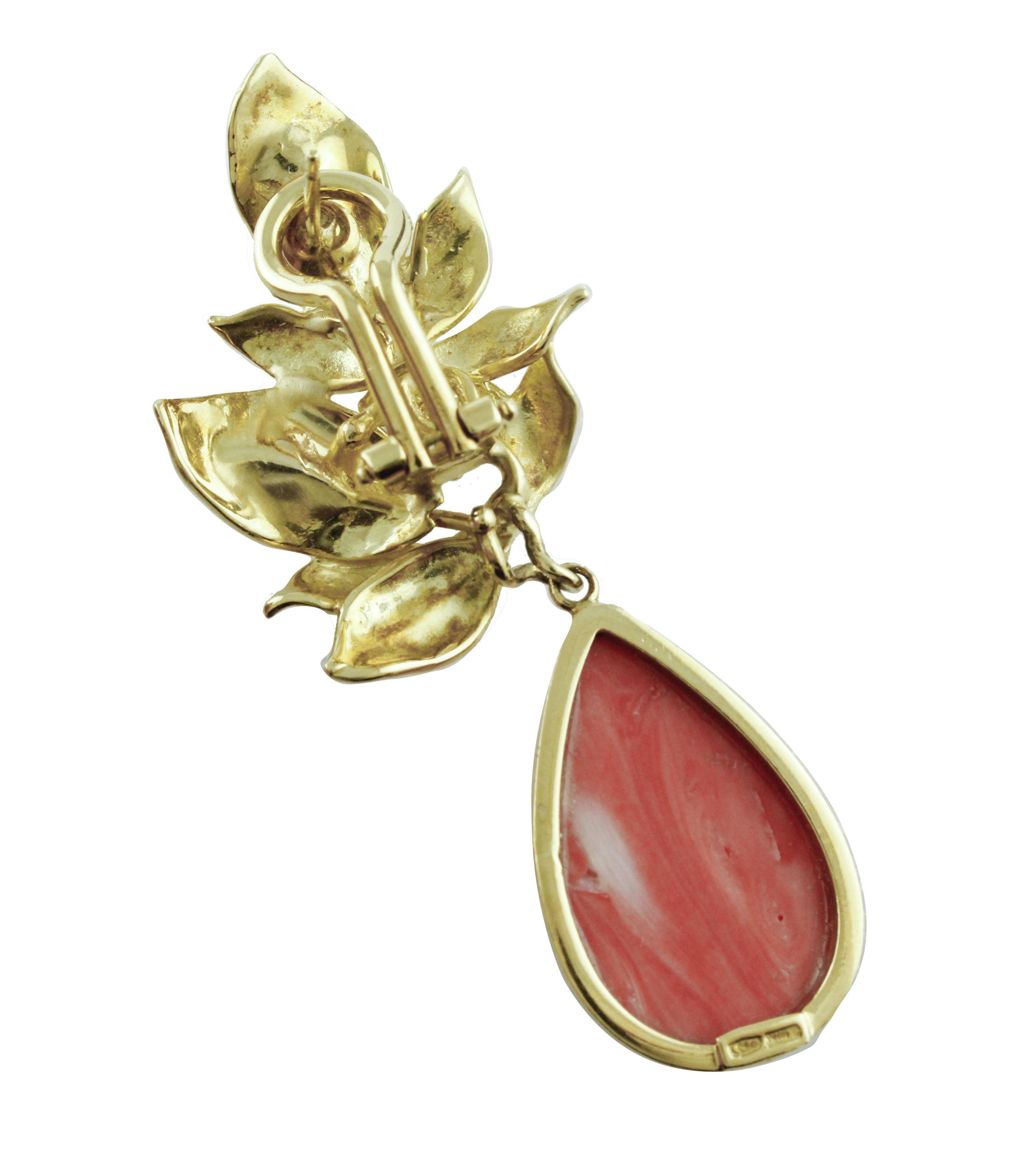 Mixed Cut Orange Coral Drops, 18K Yellow Gold Leaves Shape, Drop Movable Earrings For Sale