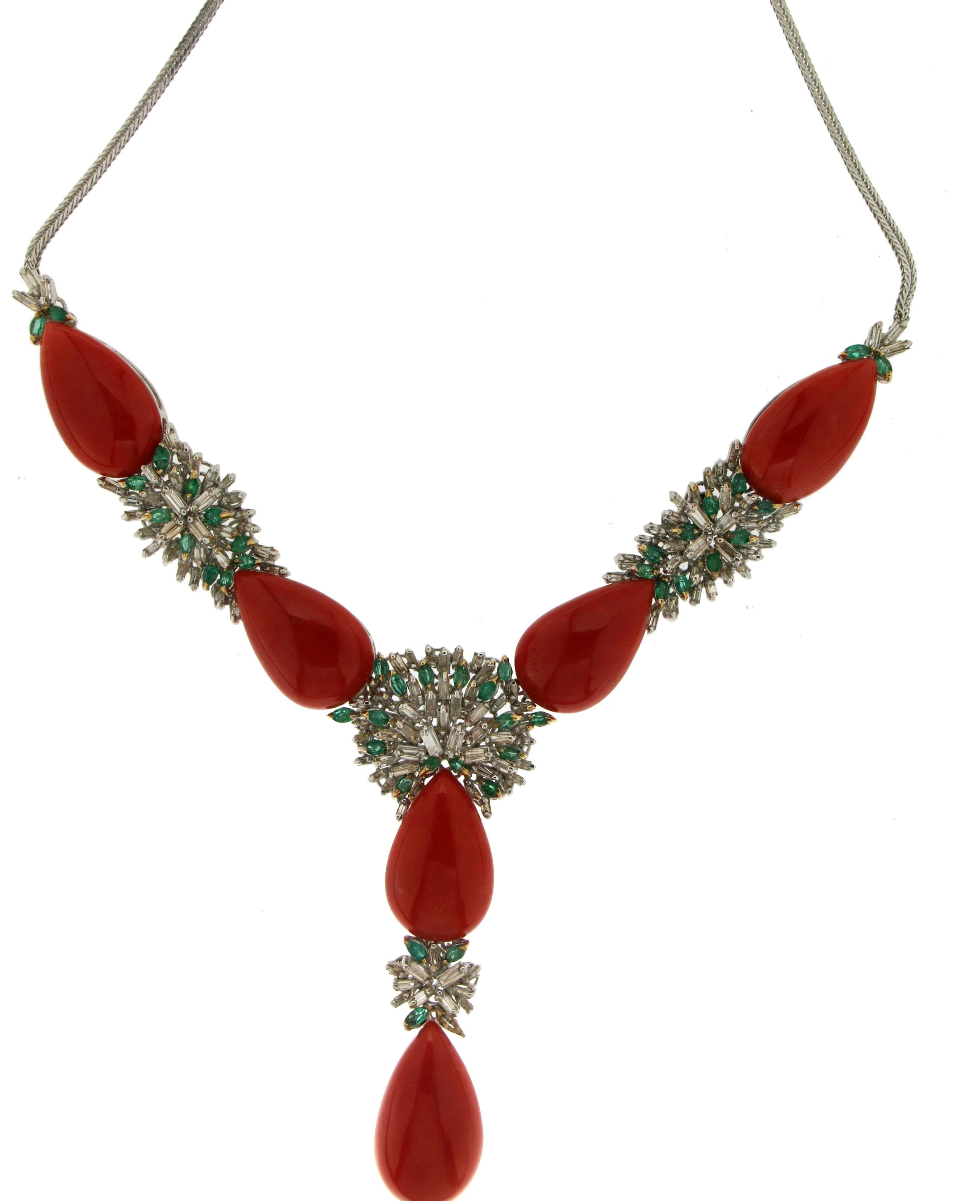 Sardinian coral white gold 18 karat diamonds emeralds drop necklace

Necklace total weight 62  grams
Diamonds weight 5.40 karat
Emeralds weight 2.90 karat
Coral weight 19 grams
