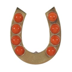 Gold Corallium Rubrum Horseshoe Brooch