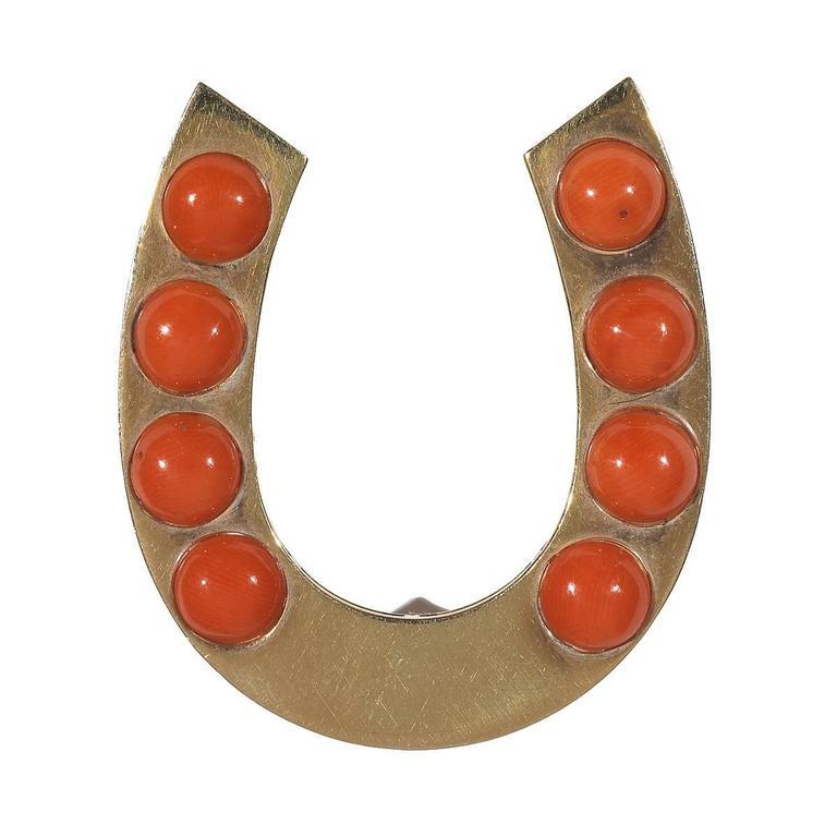 Retro Gold Coral Horseshoe Brooch For Sale