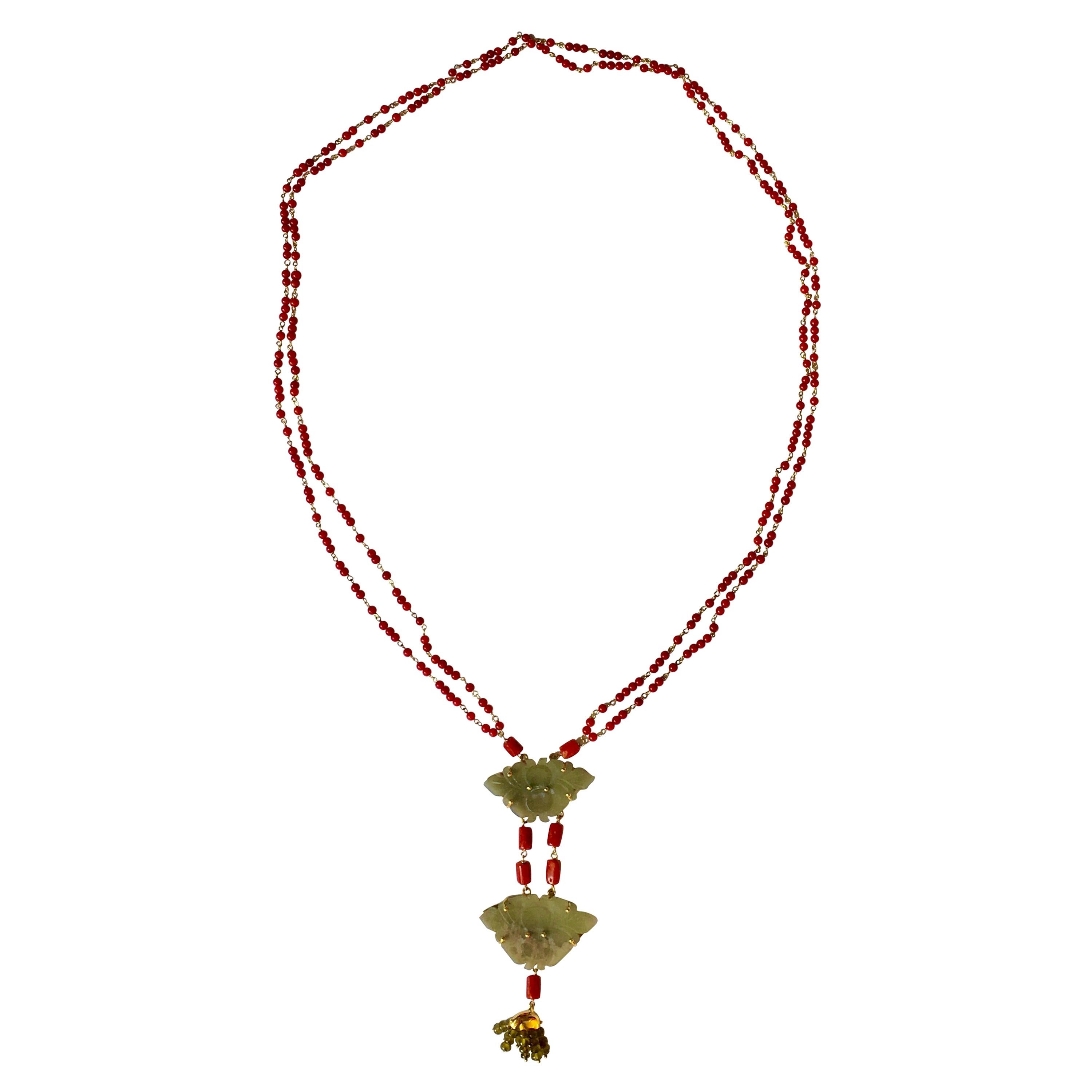 Coral Gold Jade Chinese Button Necklace