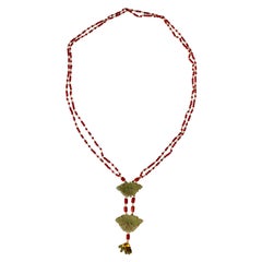 Coral Gold Jade Chinese Button Necklace