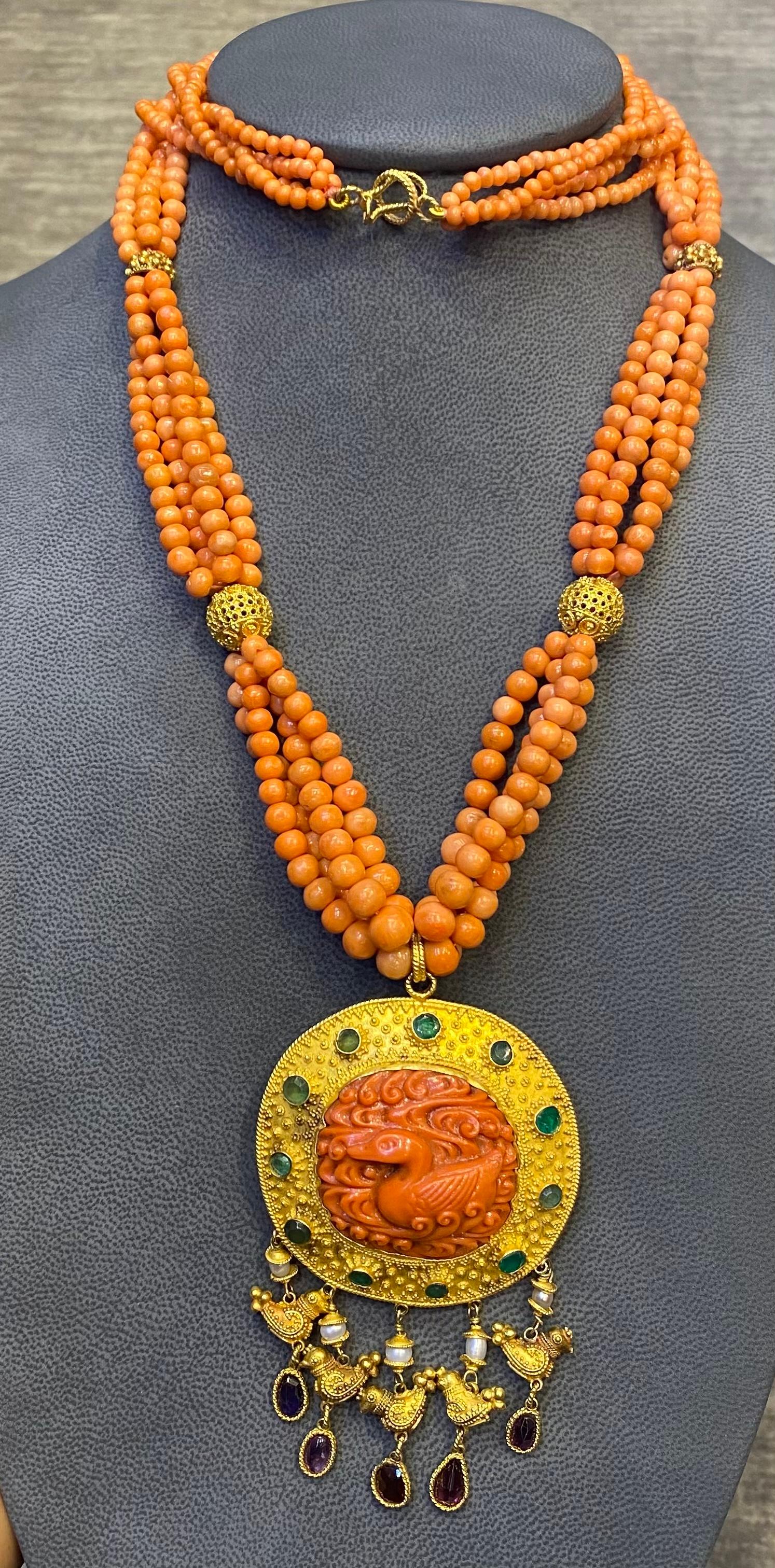 Coral & Gold Multi Strand Fish Pendant Necklace For Sale 3