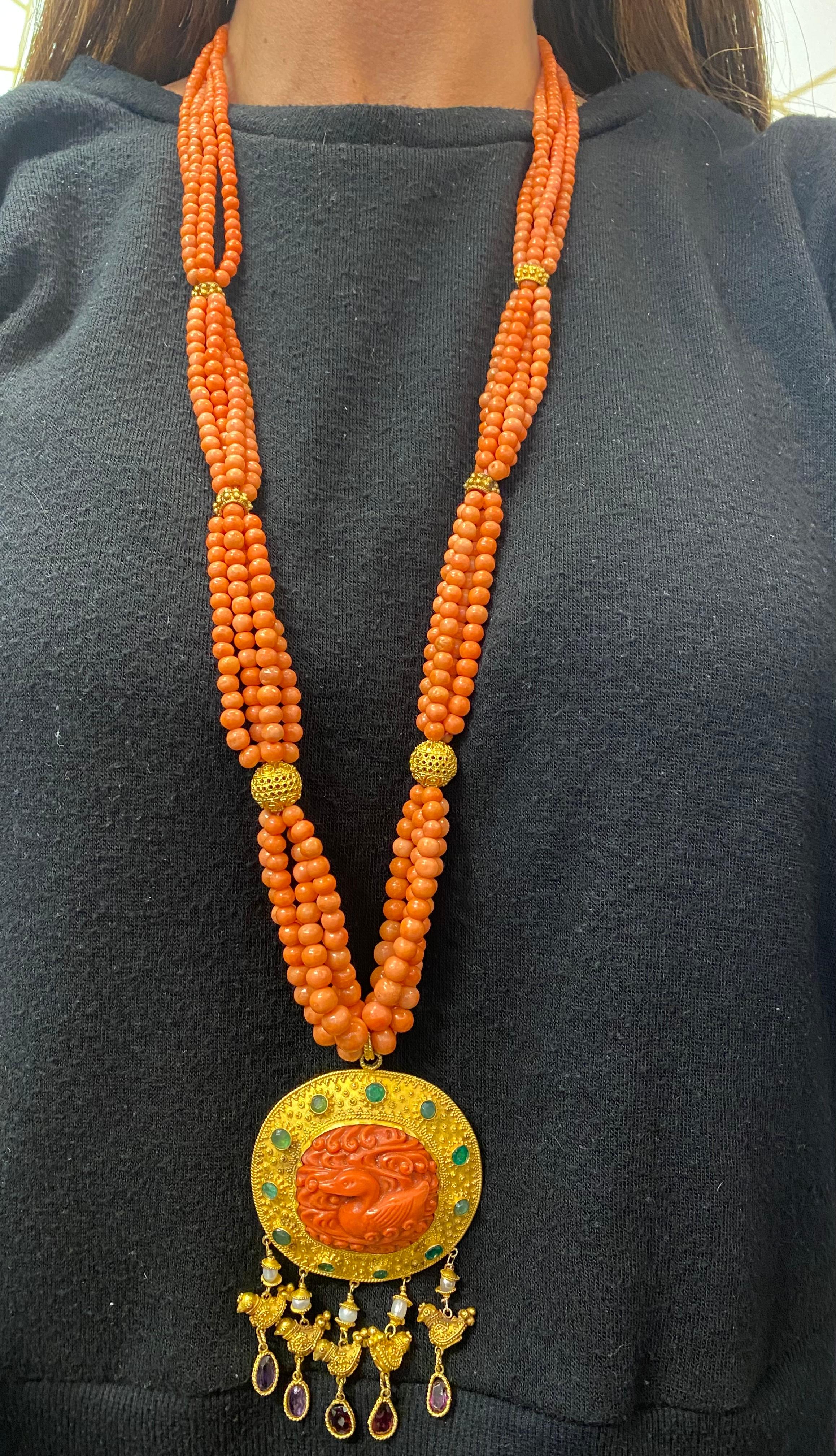 Coral & Gold Multi Strand Fish Pendant Necklace For Sale 6