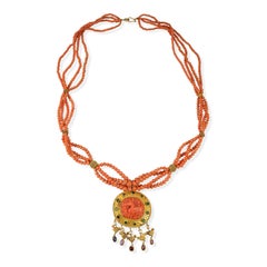 Coral & Gold Multi Strand Fish Pendant Necklace