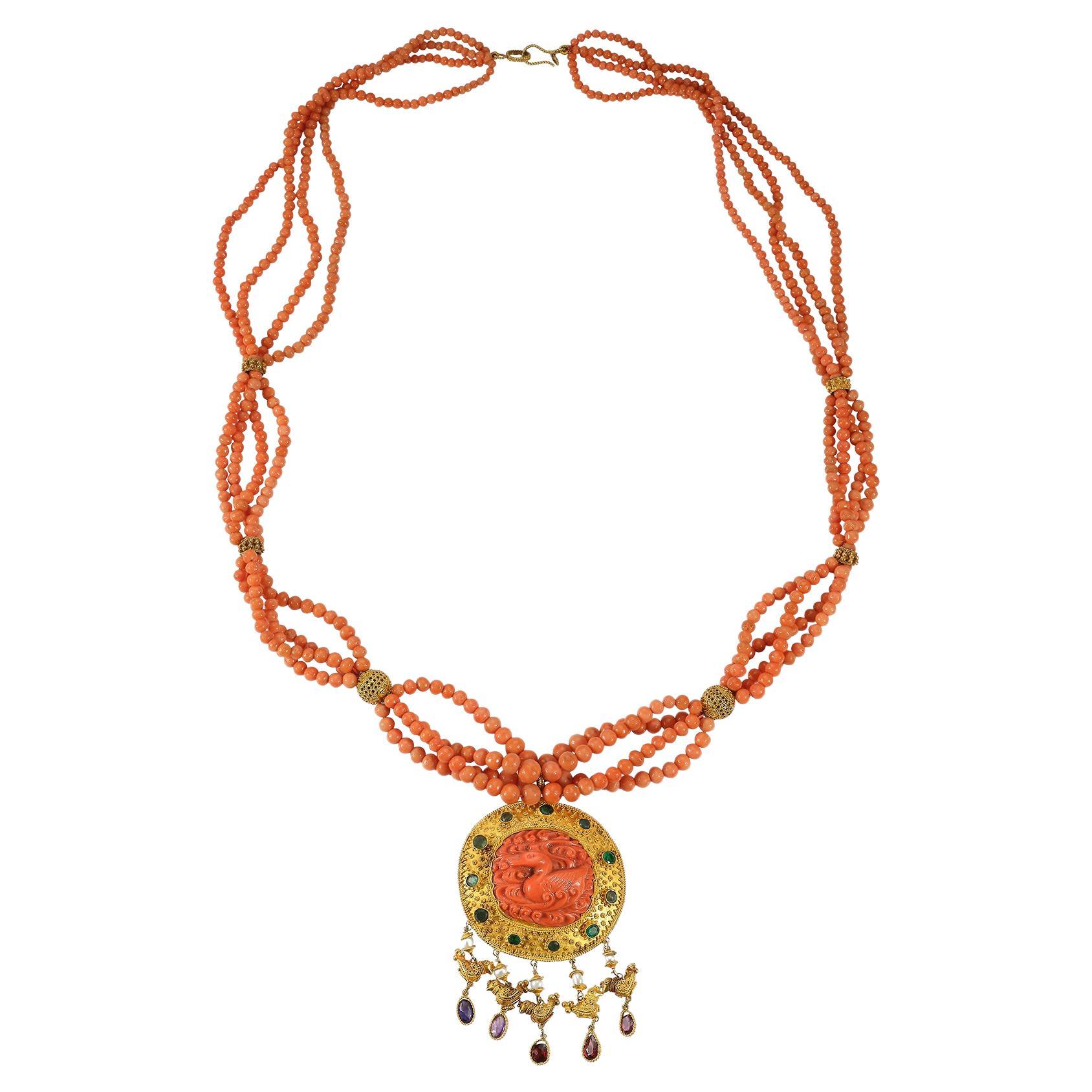 Coral & Gold Multi Strand Fish Pendant Necklace For Sale