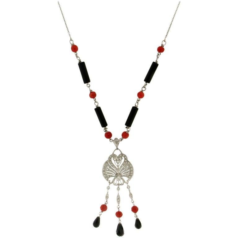 Mixed Cut Coral 18 Carat white Gold Onyx Diamonds Pendant Necklace For Sale
