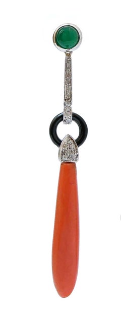 Coral, Green Agate, Diamonds, Onyx, Platinum Dangle Earrings.