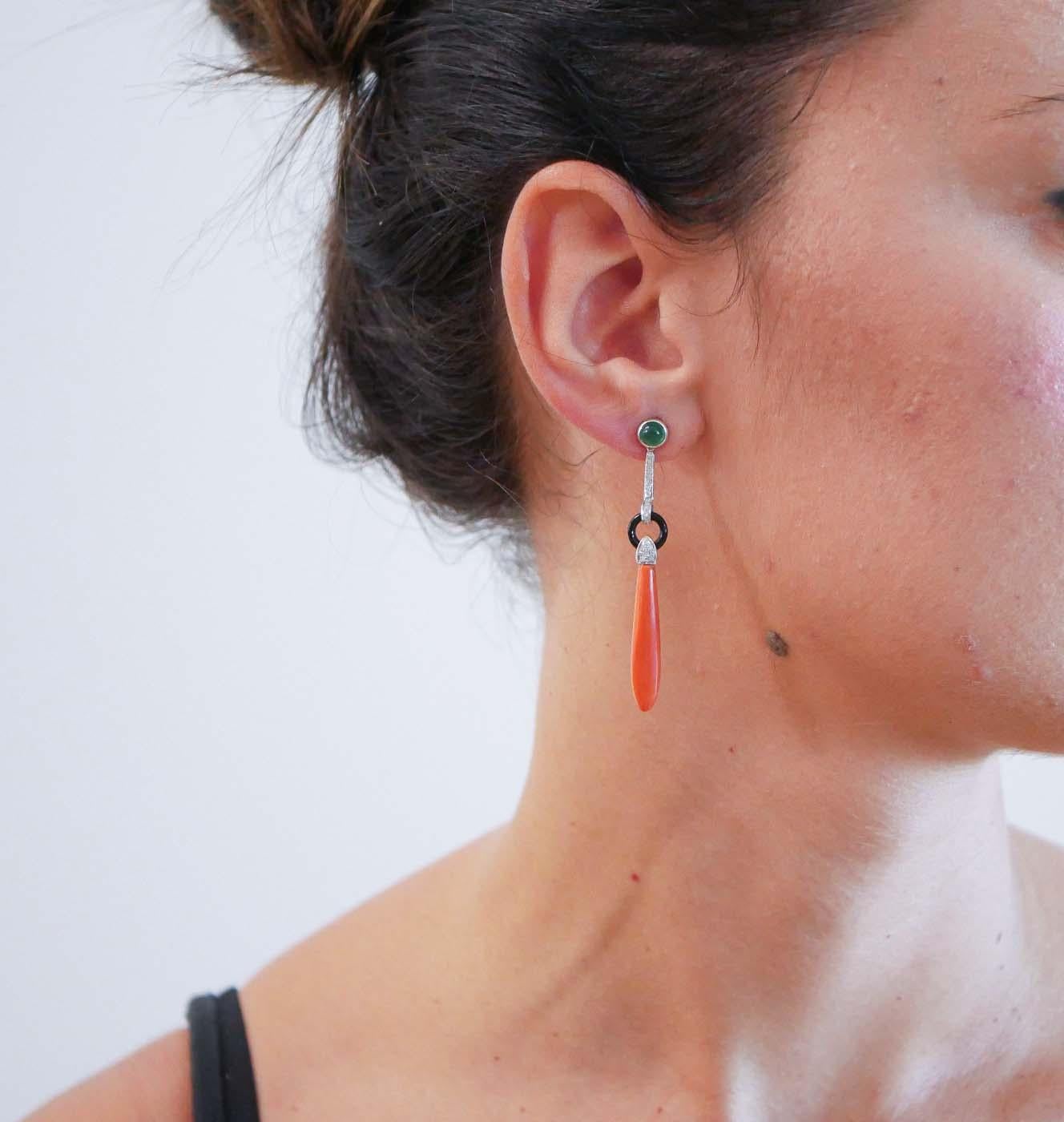 Mixed Cut Coral, Green Agate, Diamonds, Onyx, Platinum Dangle Earrings. For Sale
